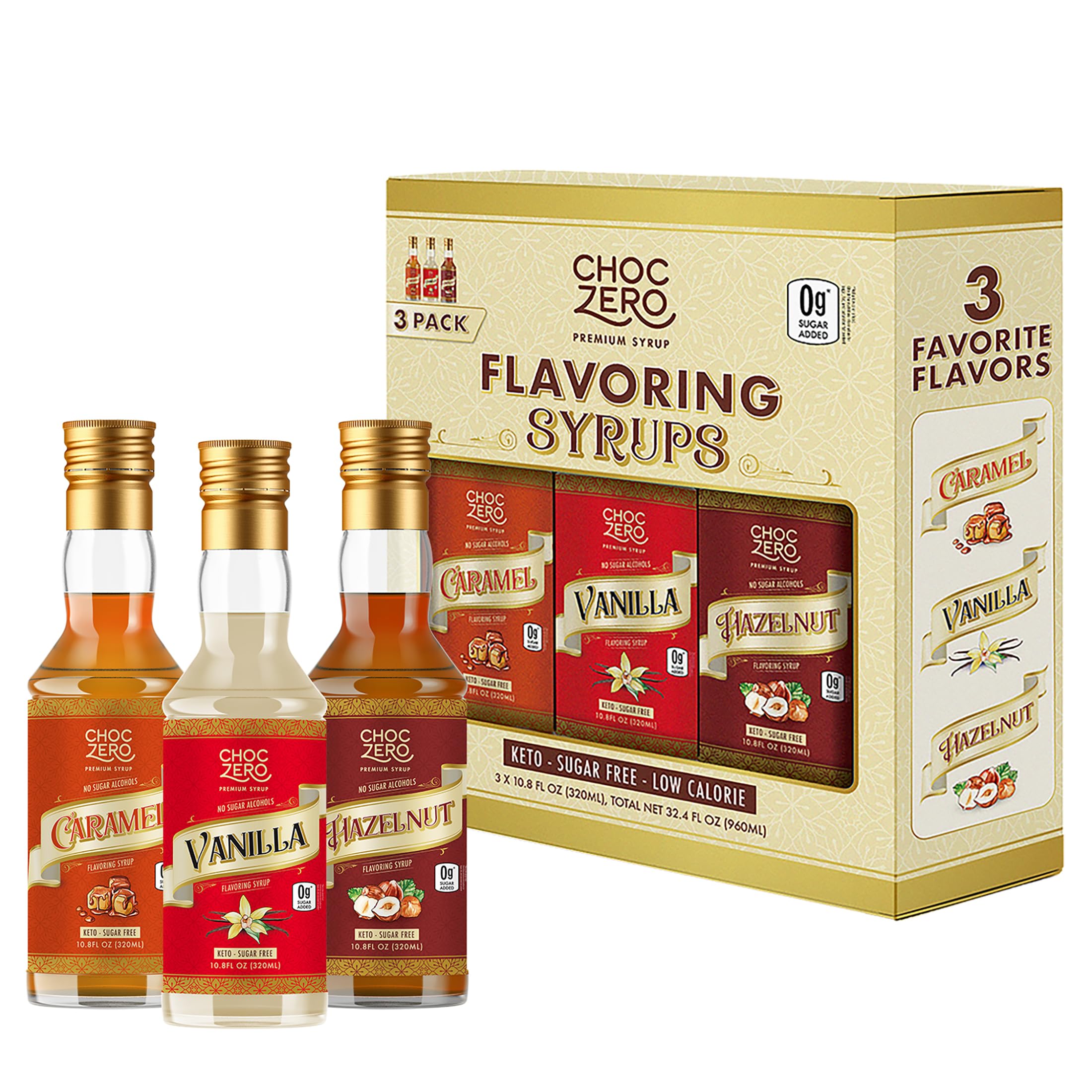 ChocZero Sugar Free Coffee Syrup Variety Pack– Caramel, Vanilla & Hazelnut | Keto, Low Carb, Monk Fruit Sweetened, No Sugar Alcohols (3 × 10.8 oz Bottles)
