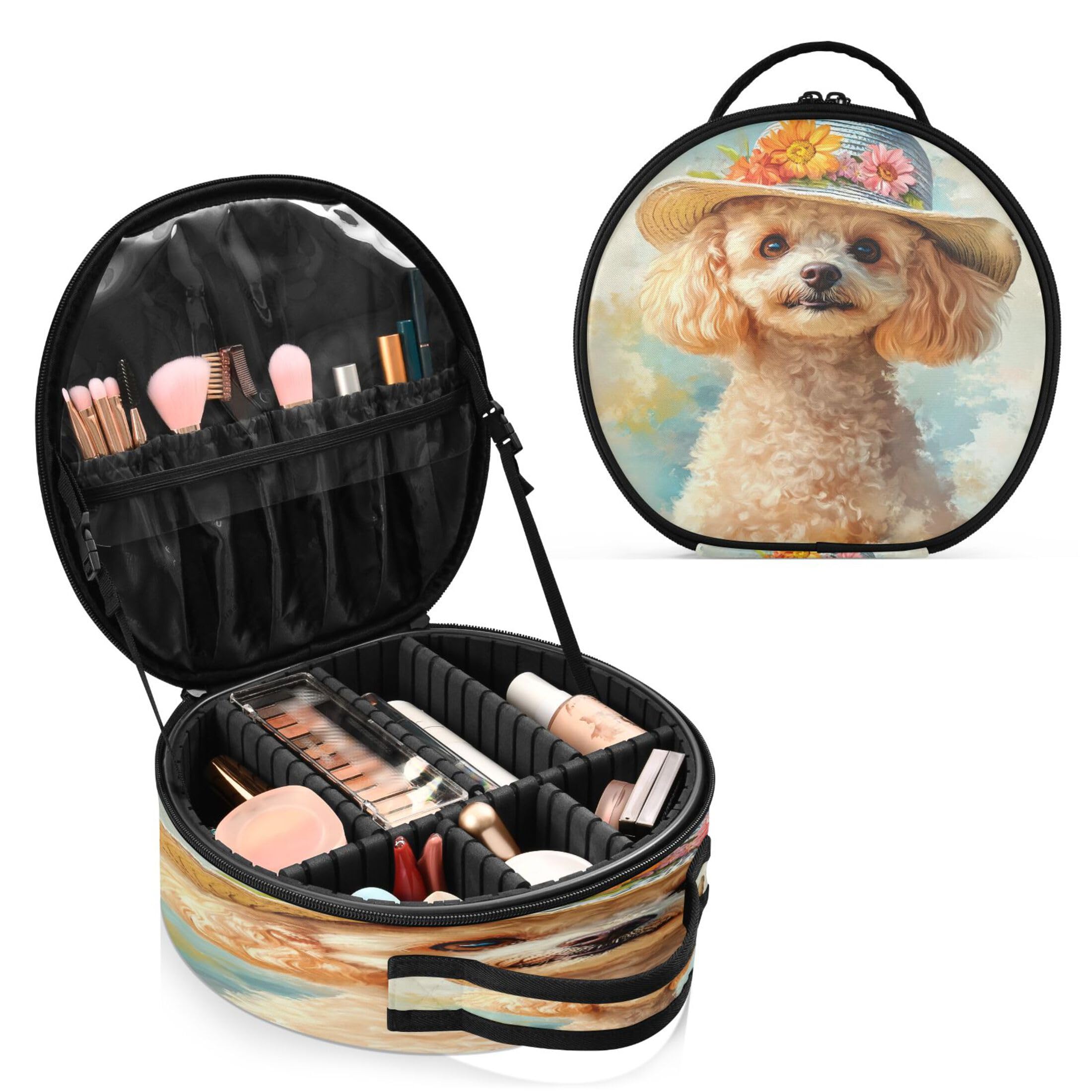 Takiito Blonde Dog Wearing Hat Travel Makeup Case Portable Makeup Box Artist Cosmetic Case Organizer With Adjustable Dividers