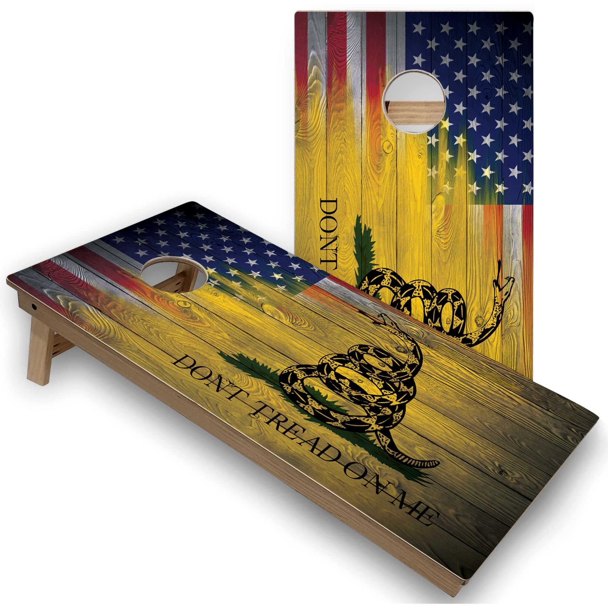 Gadsden & USA Flag Corn Hole Boards - Regulation Size 2x4 - Includes Boards and 8 Corn Filled Bags, A. Regulation 2x4