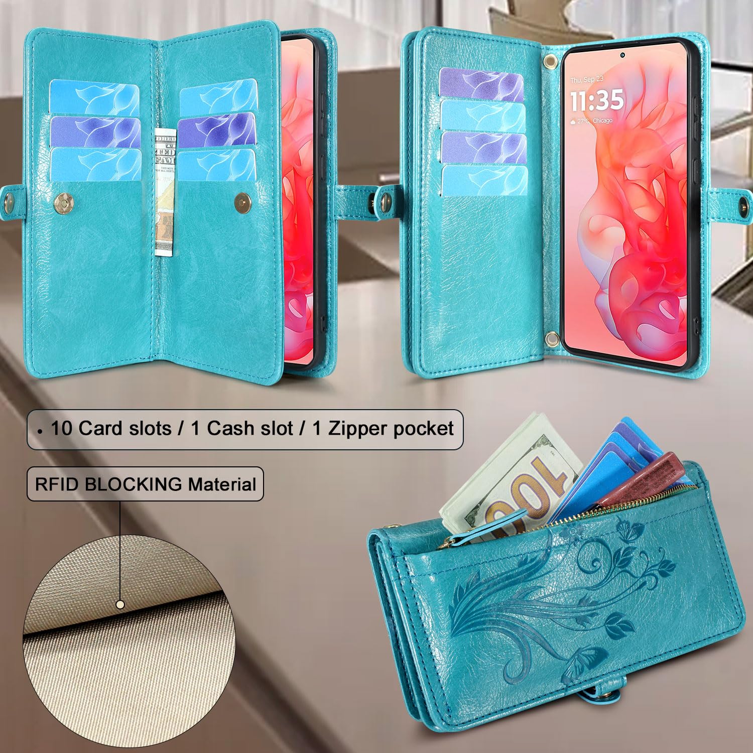 Lacass for Motorola Moto G Stylus 5G 2024 Case Wallet, [Cards Theft Scan Protection] Card Holder Zipper Leather Flip Cover Crossbody Wrist Strap with Stand(Floral Blue Green)