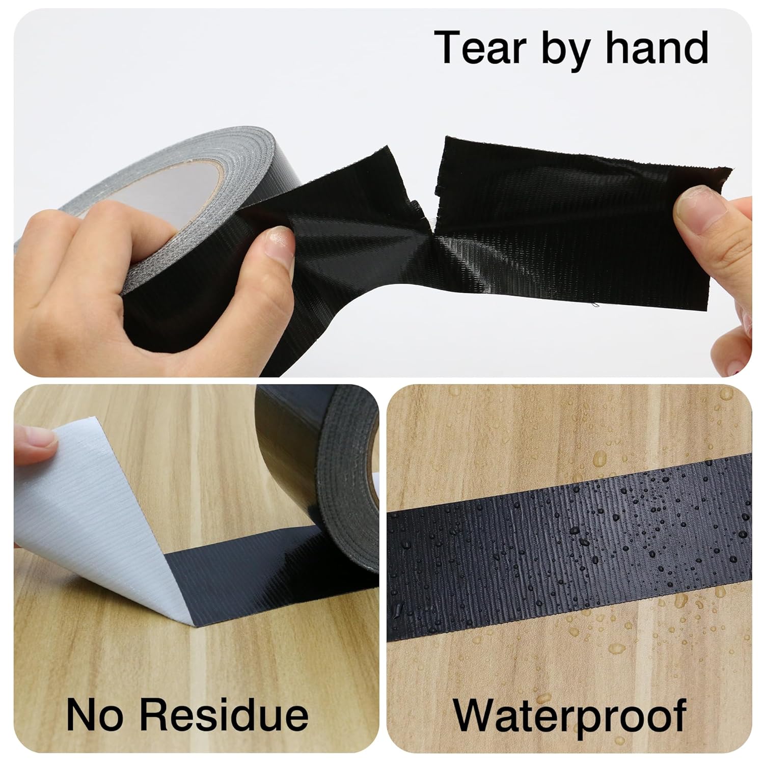 Heavy Duty Duct Tape 3 Inch X 33 Yards, 8.5 Mil Thickness, Multi Purpose Black Duct Tape, No Residue, Waterproof, Tear by Hand - for Indoor Outdoor Repairs, Industrial, Professional Use