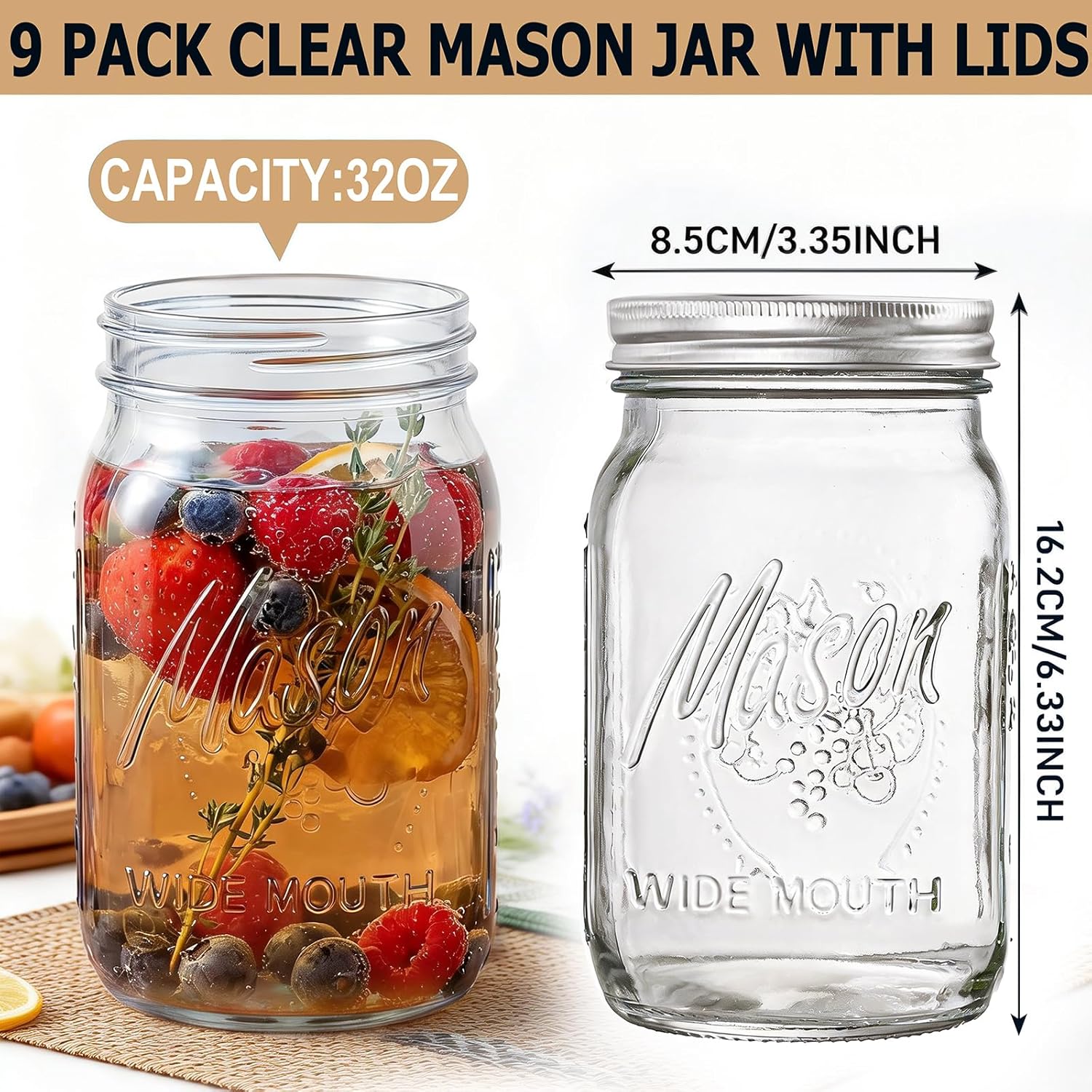 SUT Wide Mouth Mason Jars 32 oz,9 Pack Quart Mason Jars With Airtight lids and Bands,Clear Canning Jars 32 oz for Preserving,Meal Prep,Overnight Oats,Fermenting, Pickling