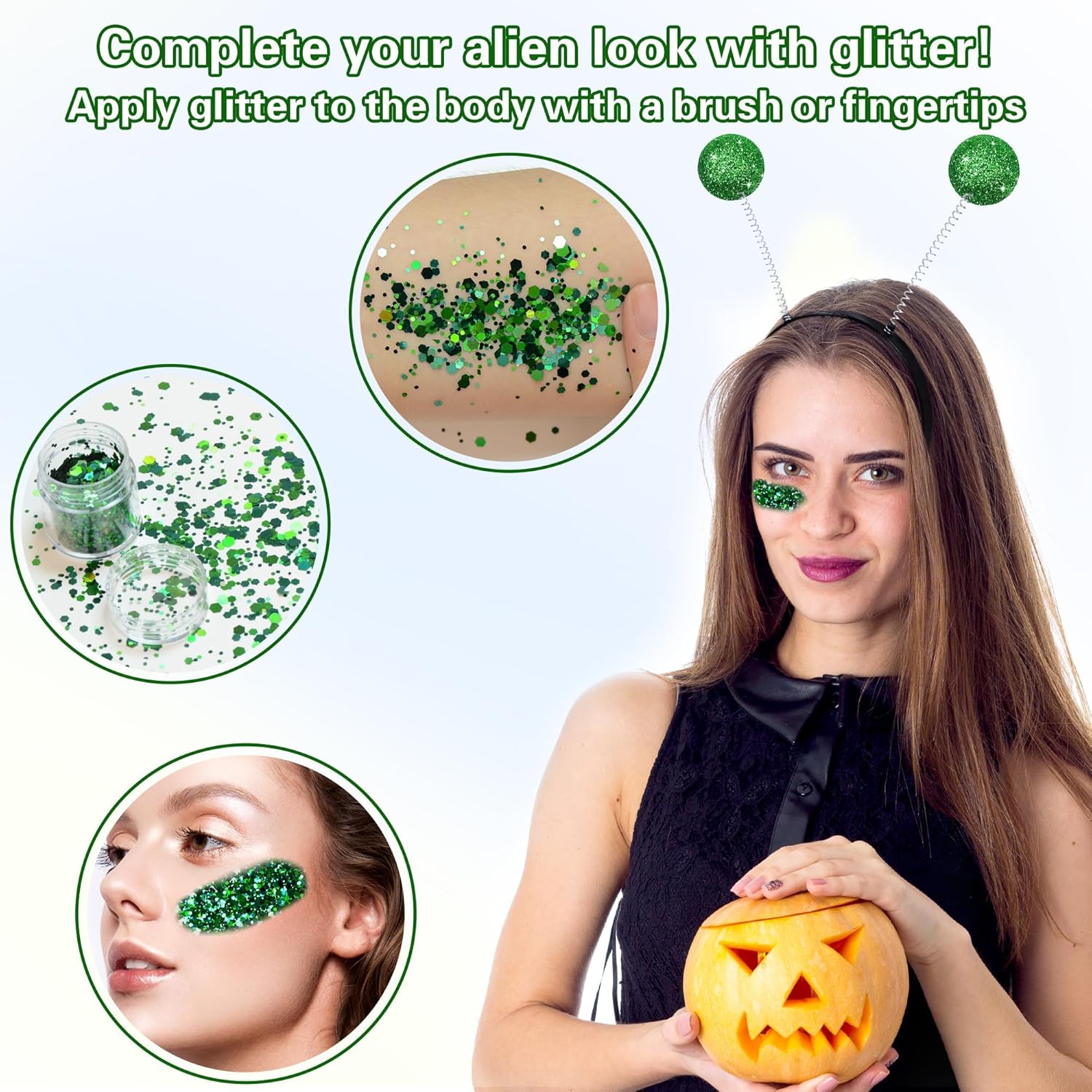 MUKOSEL Alien Headband with Glitter, Green Martian Alien Antenna Headband, Alien Costume Accessories for Women Adults Halloween Cosplay Costume Theme Party - Image 4