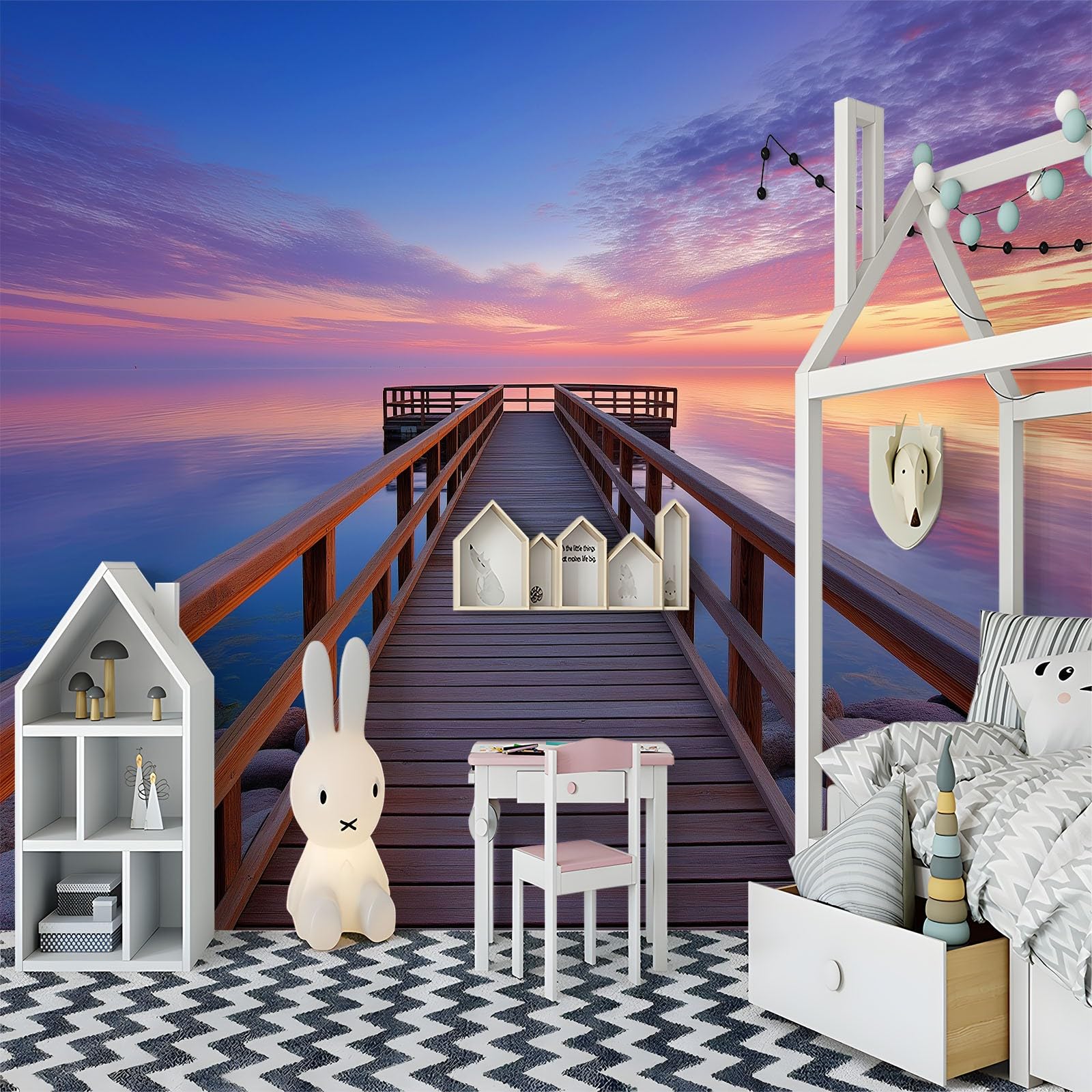 Tapeta ścienna 3D terapeutyczna sceneria, wielokolorowa włóknina mural molo zachód słońca 250 x 175 cm tapeta dekoracja domu do mebli sypialni salonu łazienki kuchni