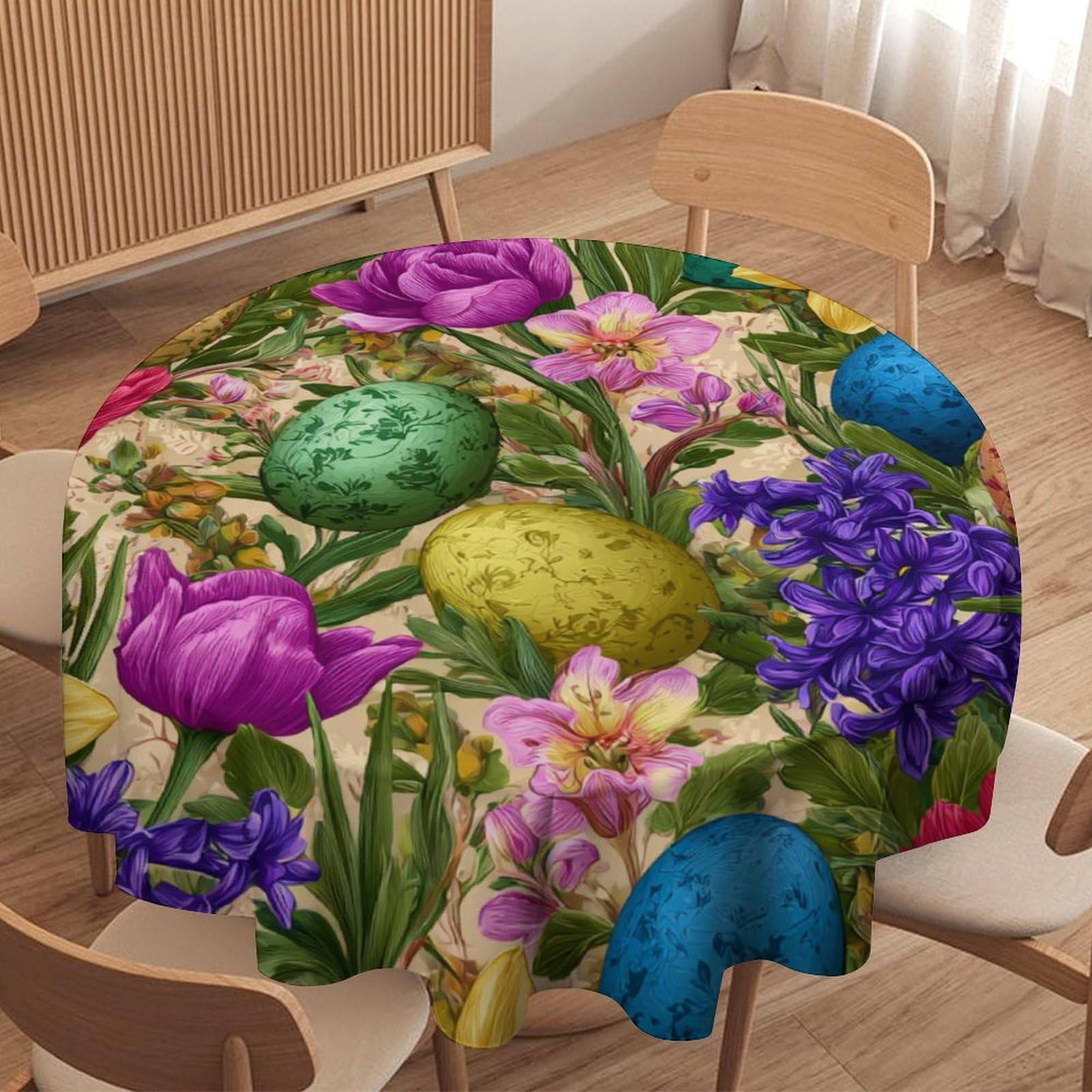 LUYYSKY Funny Abstract Colorful Eggs Waterproof Round Tablecloth Fantasy Retro Easter Spring Natural Tulips Floral Pattern Washable Table Cover for Kitchen-177.8" Wx177.8 L cm