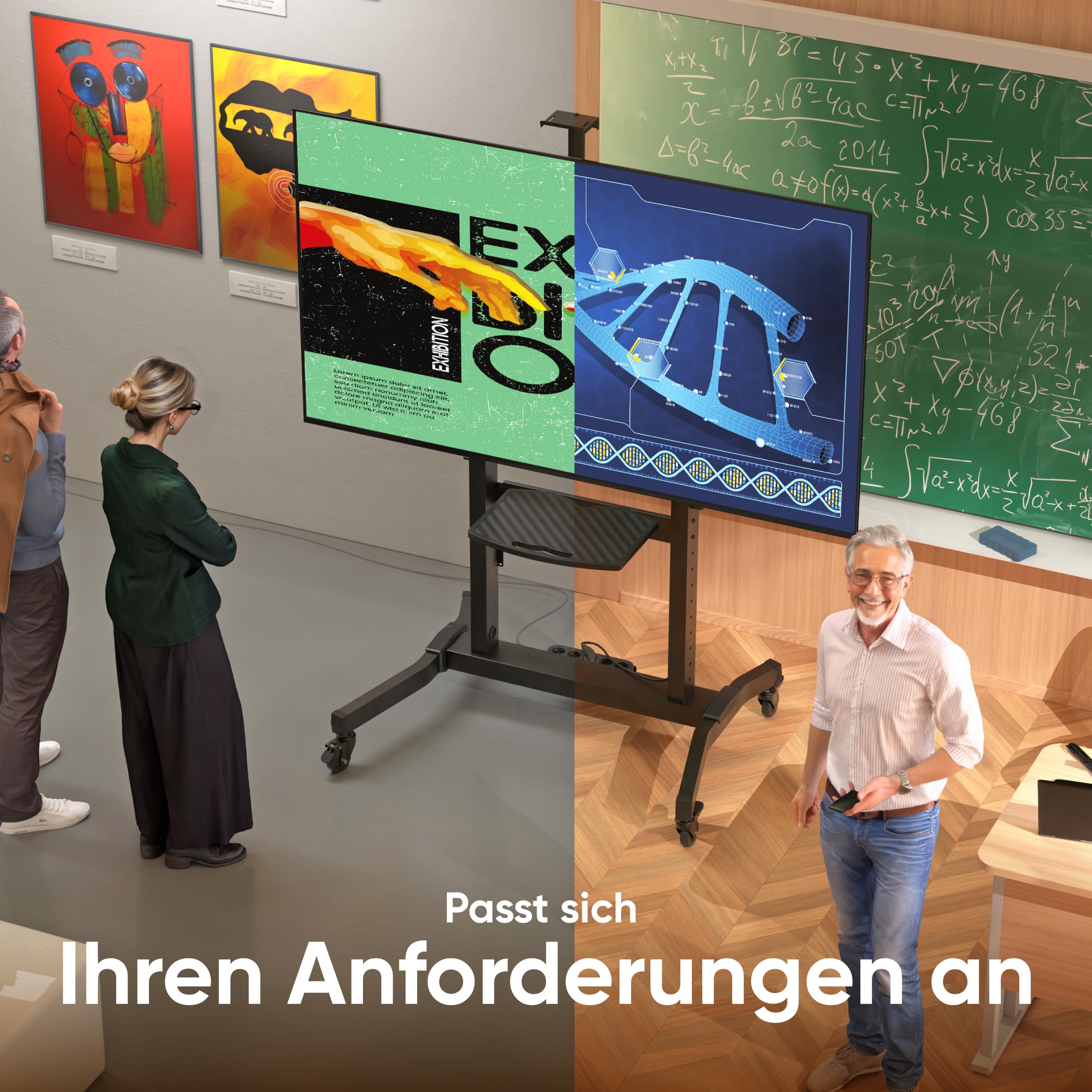 ONKRON TV Ständer rollbar für 50-100 Zoll Fernseher, max Last 130 kg, TV Wagen höhenverstellbar, neigbar, max VESA 1000x600, professioneller Fernsehständer mit Rollen, Ablage Schwarz TS1991-B