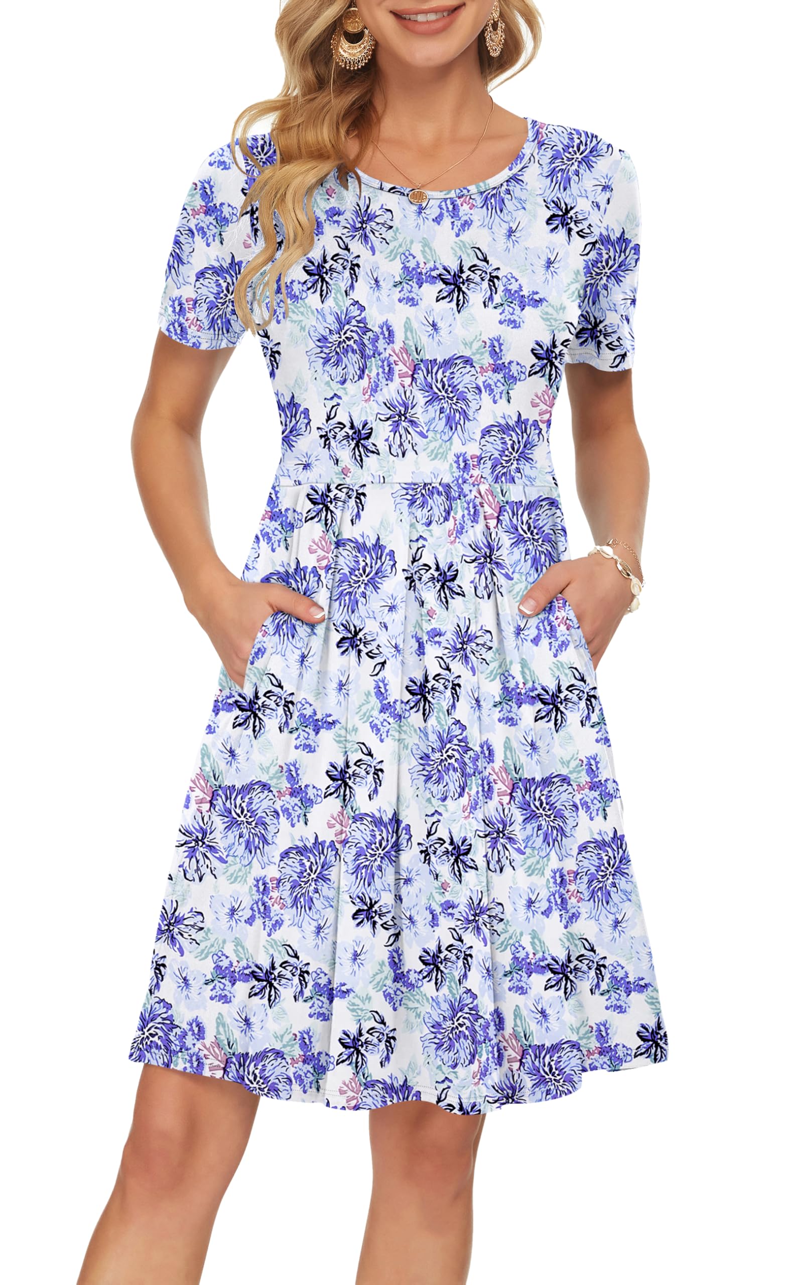 AUSELILY Women's Short Sleeve Pleated Swing Summer Dress with Pockets