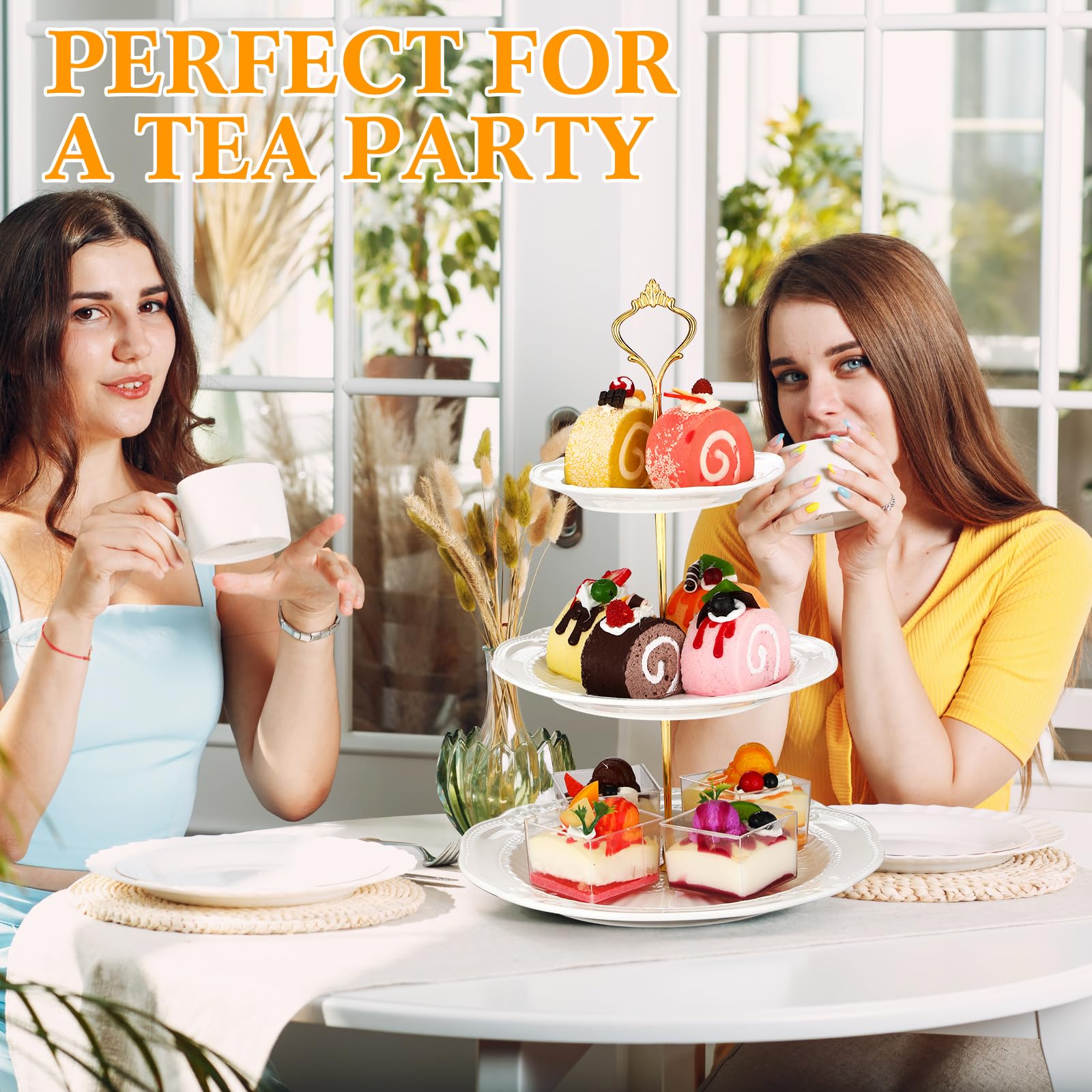 Tioncy Juego de 4 soportes para cupcakes de 3 niveles en relieve blanco de tres niveles para servir postres, pasteles, frutas, elegante plato de porcelana redondo y cuadrado para bodas, cumpleaños,