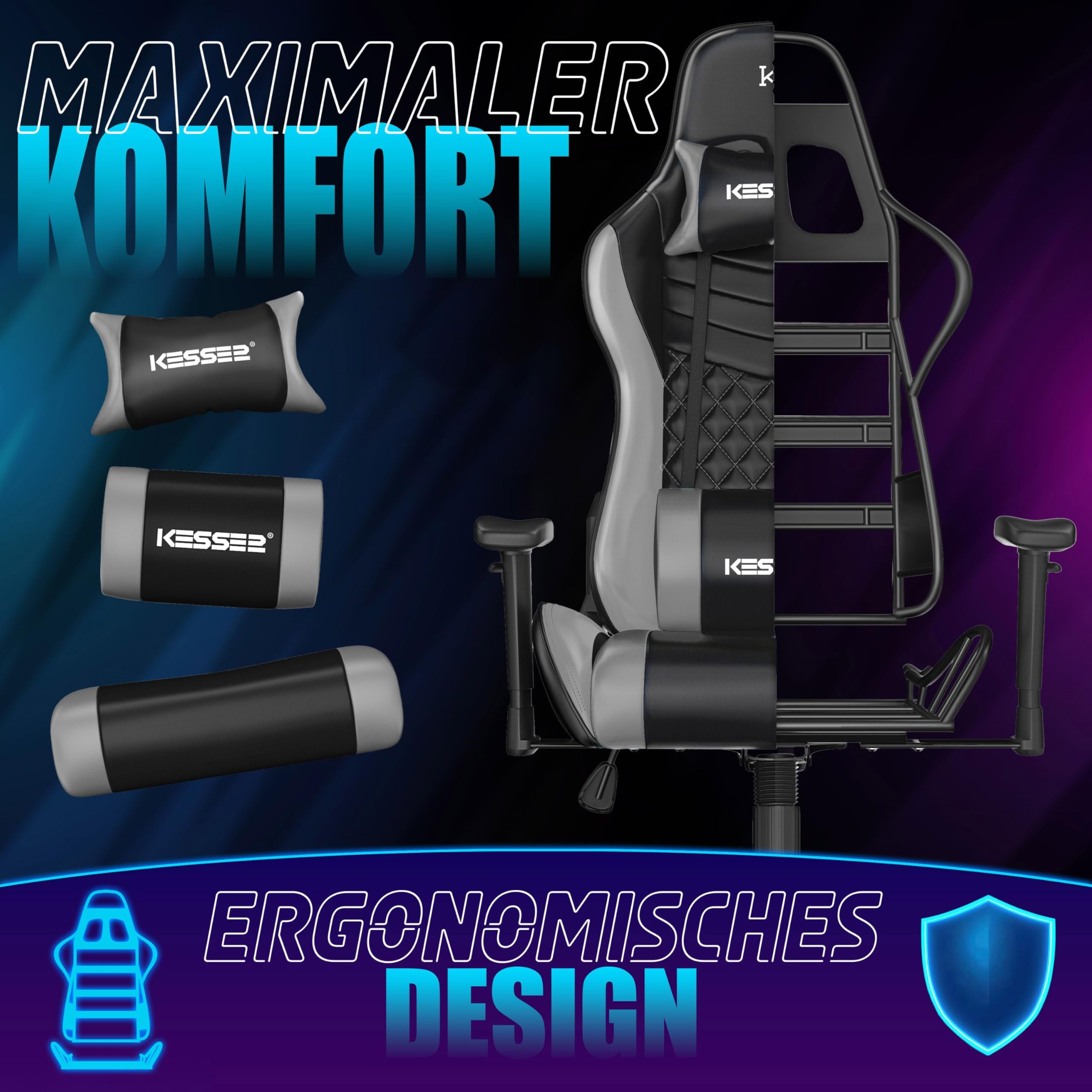 KESSER Silla de gaming ergonómica con reposacabezas y cojín lumbar, soporta hasta 150 kg, reposabrazos 360°, giratoria, con ruedas de goma