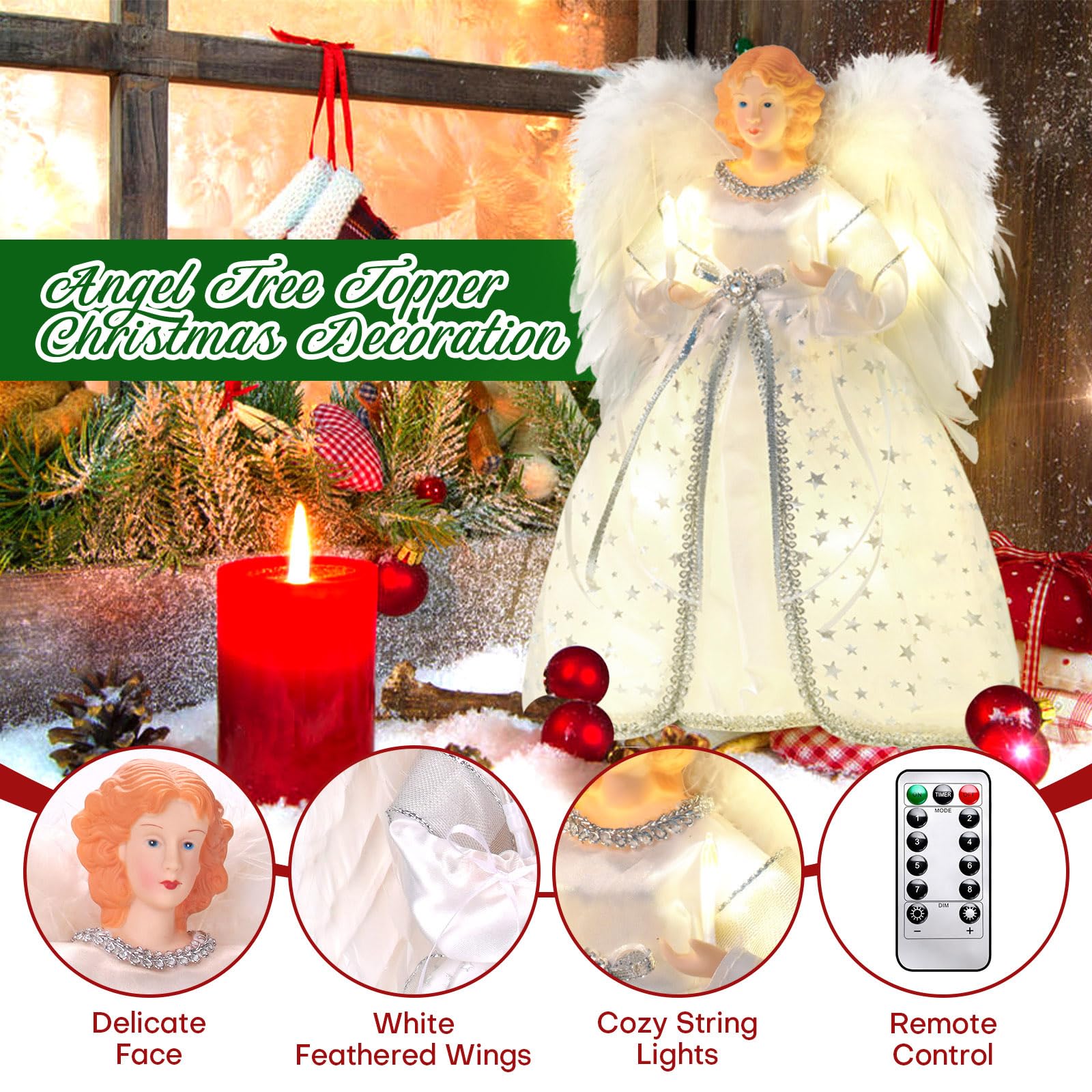 Cimier de sapin de Noël en forme d'ange avec lumières et rallonge de 101,6 cm, décorations de Noël éclairées, élégantes et durables, parfaites pour la décoration de la maison de vacances et les
