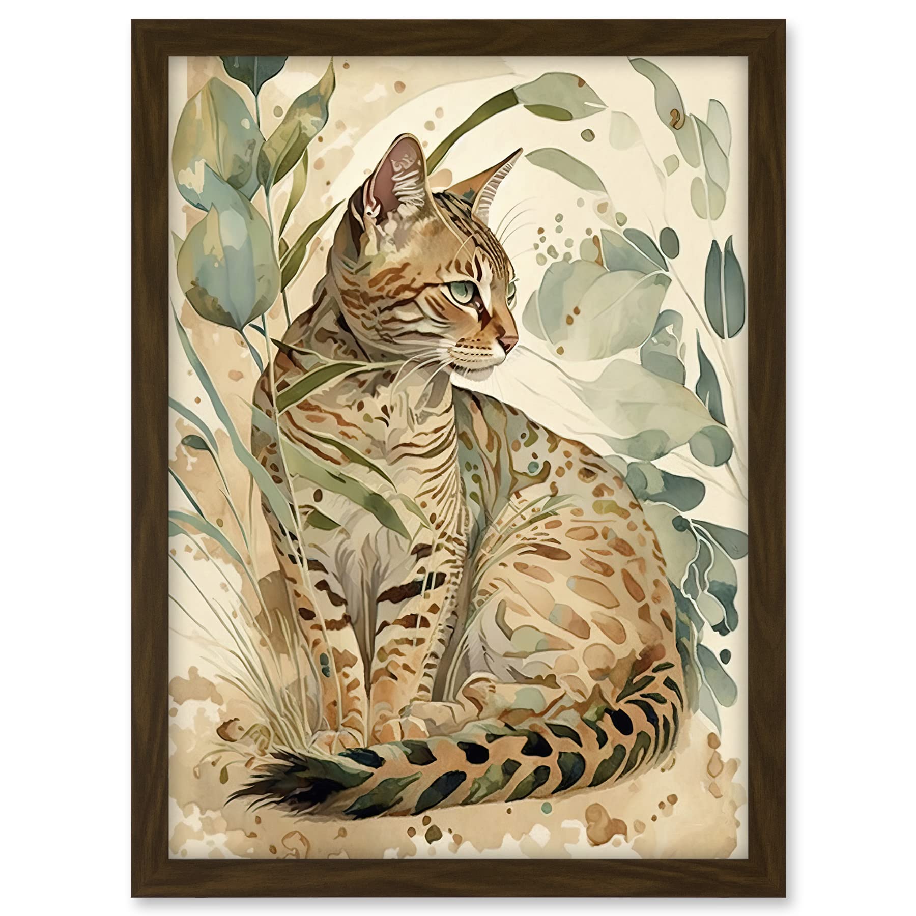 Artery8 Spotted Fur Coat Bengal Cat in Nature Pastel Watercolour Illustration Artwork Framed A3 Wall Art Print