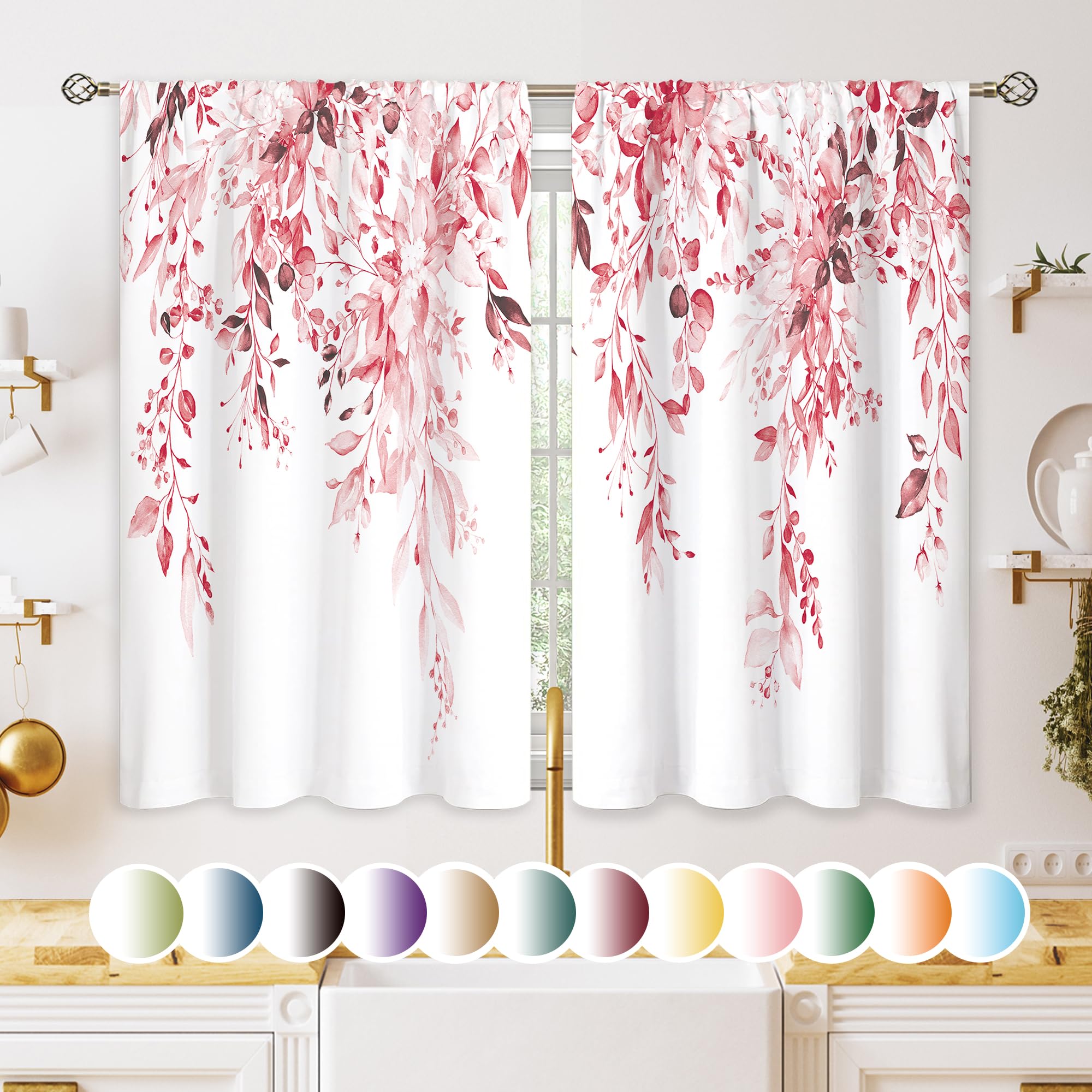 oolygoo Pink Eucalyptus Botanical Leaves Floral Kitchen Window Curtains Over Sink Farmhouse Flower Leaf Small Window Treatment Cafe Short Curtains for Bathroom Treatment Tier Drapes 27.5x39 inch — image 1