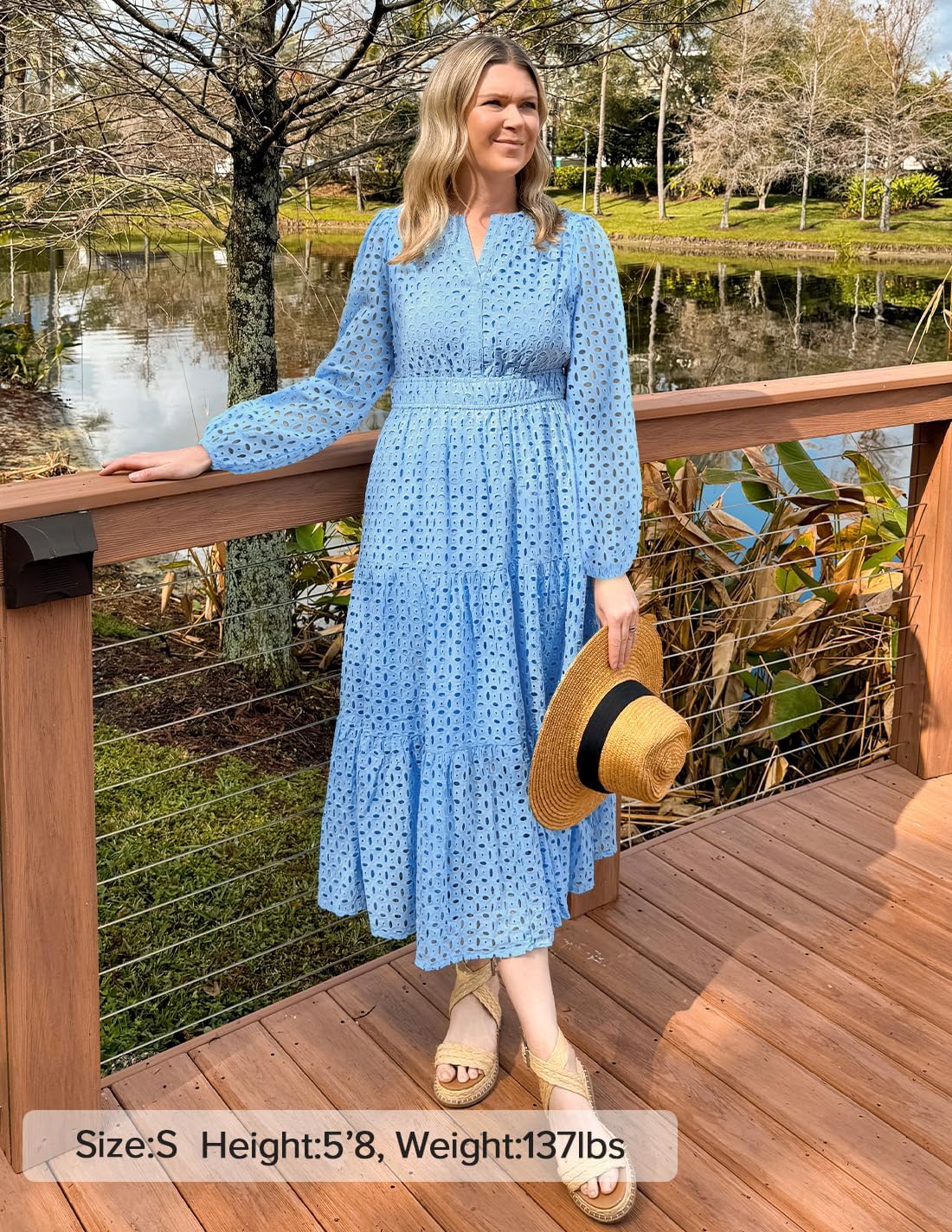 ZESICA Women's 2026 Spring Long Sleeve Maxi Dress V Neck Hollow Out Eyelet A Line Long Flowy Casual Party Dresses - Image 8