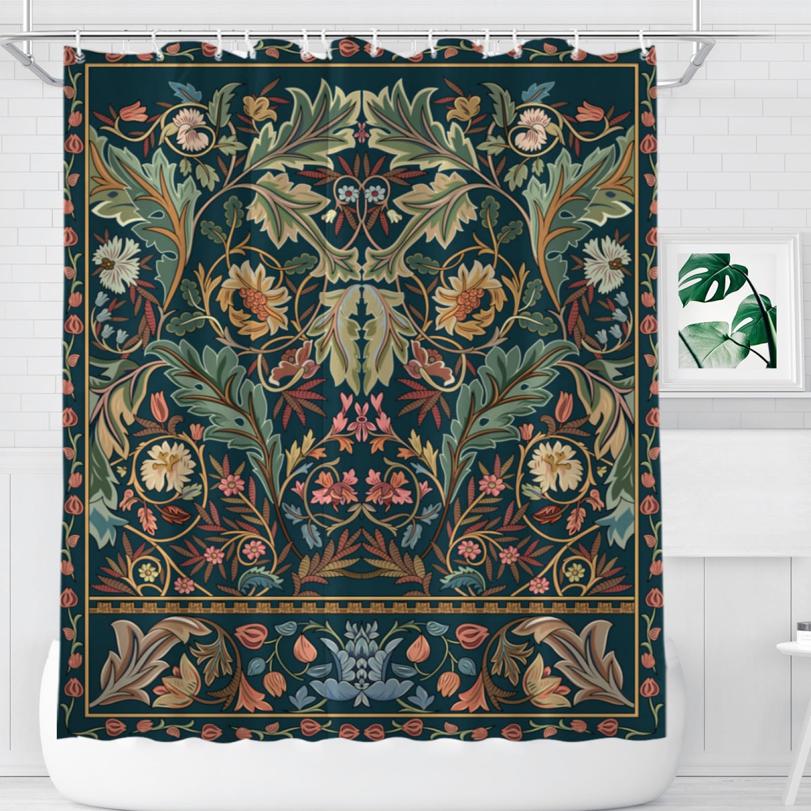Vintage Plant Shower Curtain William Morris Style Nature Plants Old Country Art Old Totem Art Printed Take a Bath Theme Bathroom Decor Set Hooks