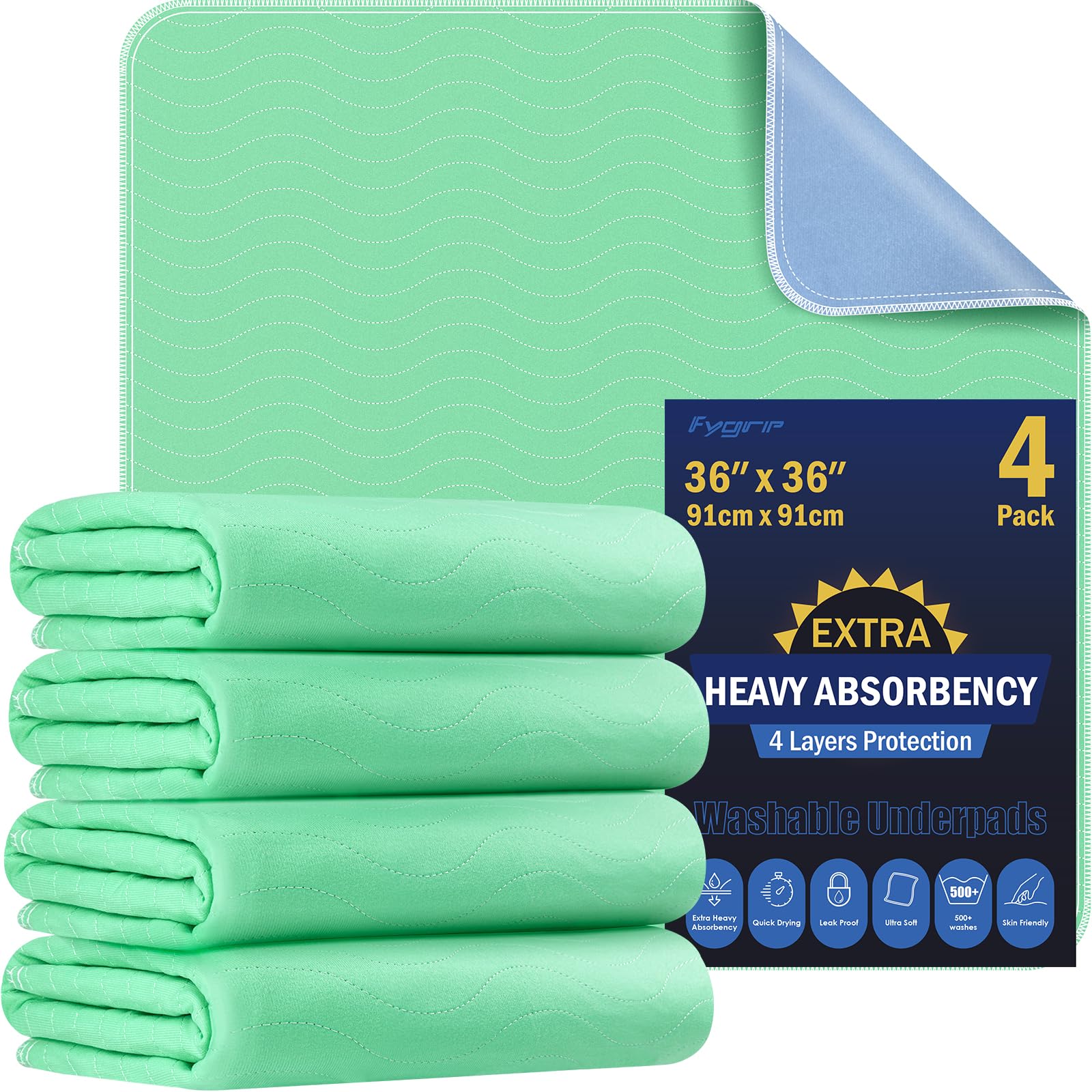FYGRIP 4 Pack 36” x 36” Extra Heavy Absorbency Washable Underpads, Waterproof Quick Drying Nursing Incontinence Reusable Washable Bed Pee Pads for Dogs, Diaper Changing & Adults, GreenFYGRIP 4 Pack 36” x 36” Extra Heavy Absorbency…