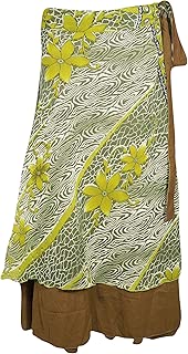 Womens Wrap Skirt Green Vintage Printed Silk Sari Wraparound Skirts OneSize