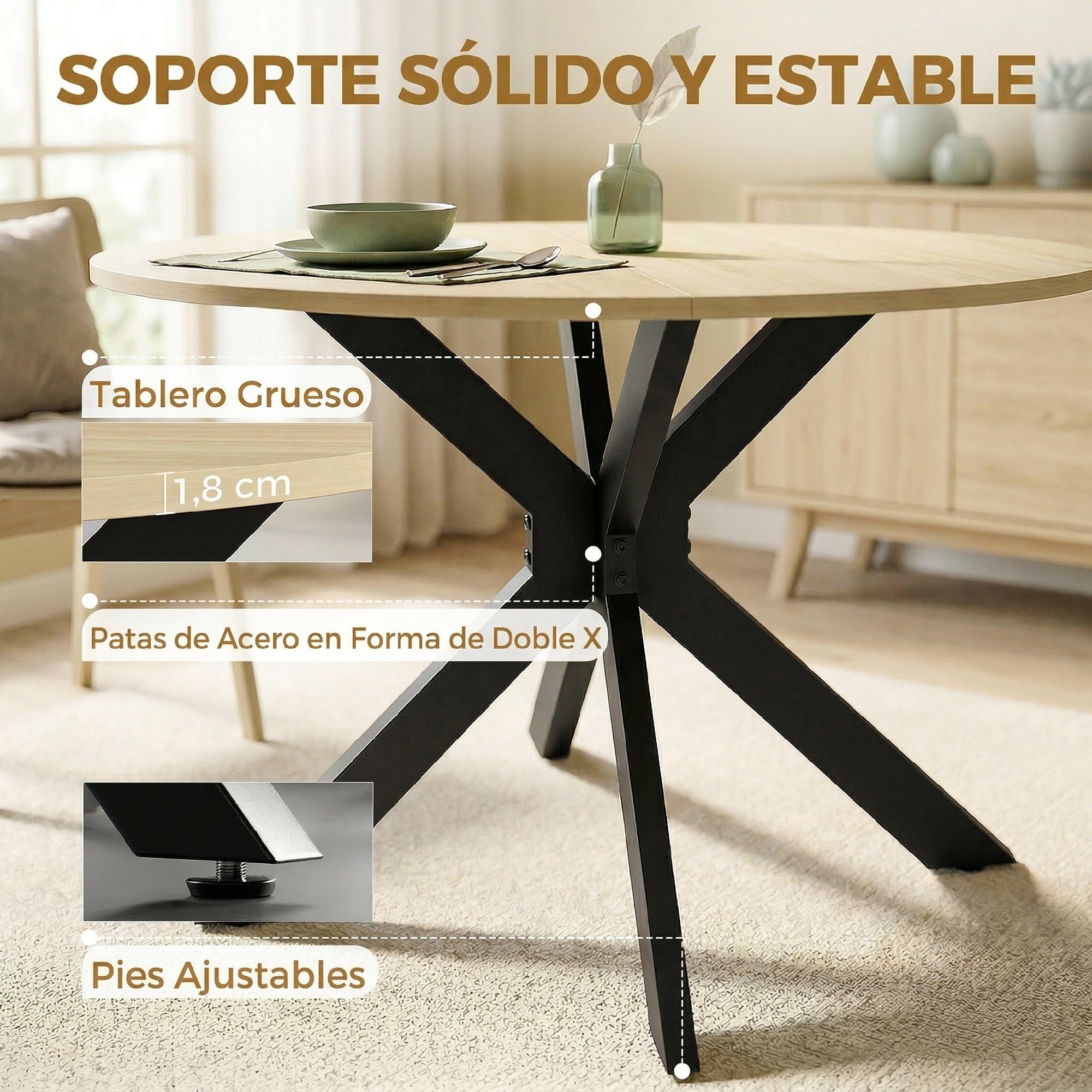 HOMCOM Mesa Plegable de Comedor para 2-6 Personas Ø110x76 cm Natural | Mesa de Cocina Plegable Redonda, Ala Abatible, Marco de Acero Doble X, para Espacio Pequeño