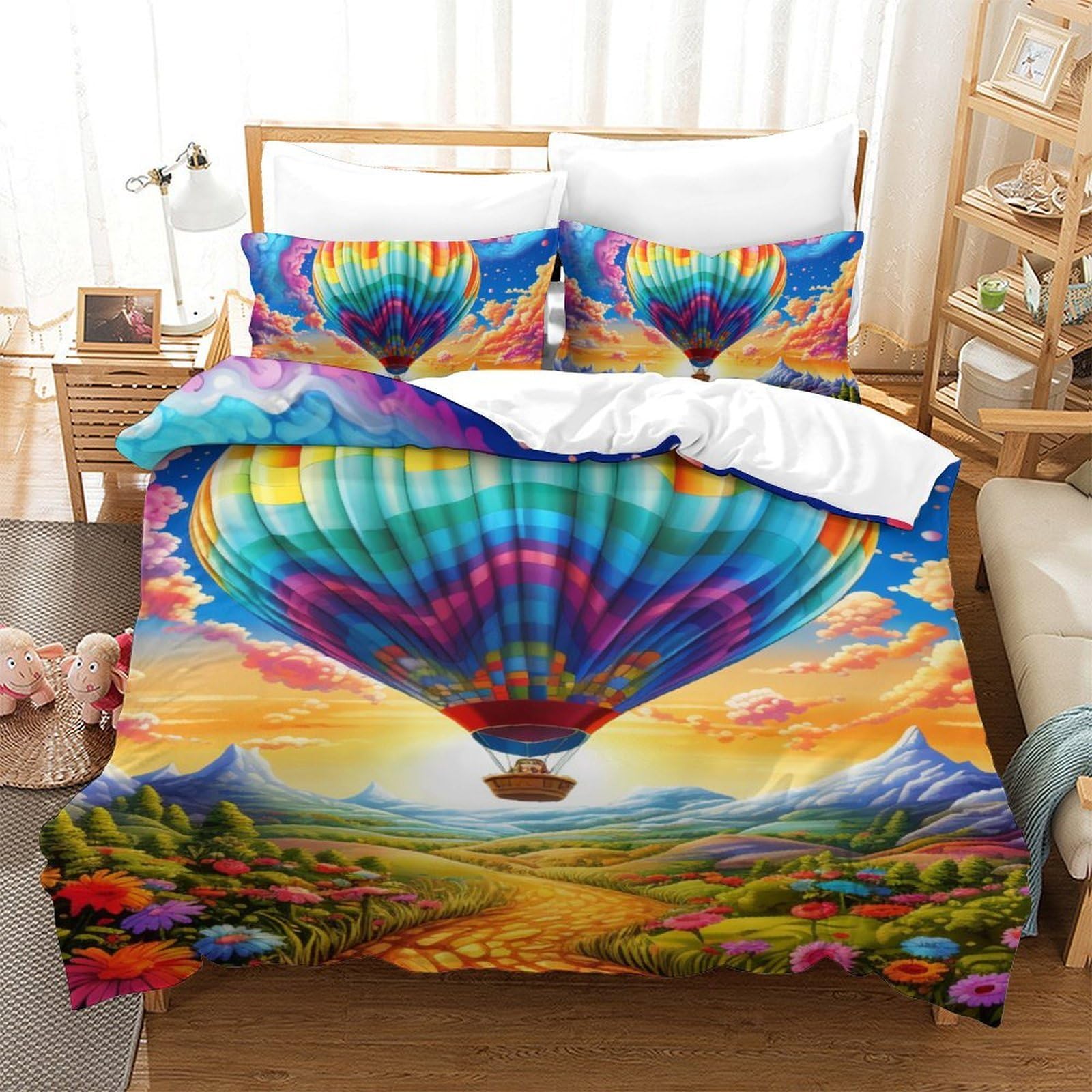 Qiavxzip Boys Style-12 3D Hot Air Balloon Luxury Bedding 3 Pieces Quilt Set Microfiber With Pillowcases For Kids Teens Hidden Zipper Single（140X200cm）