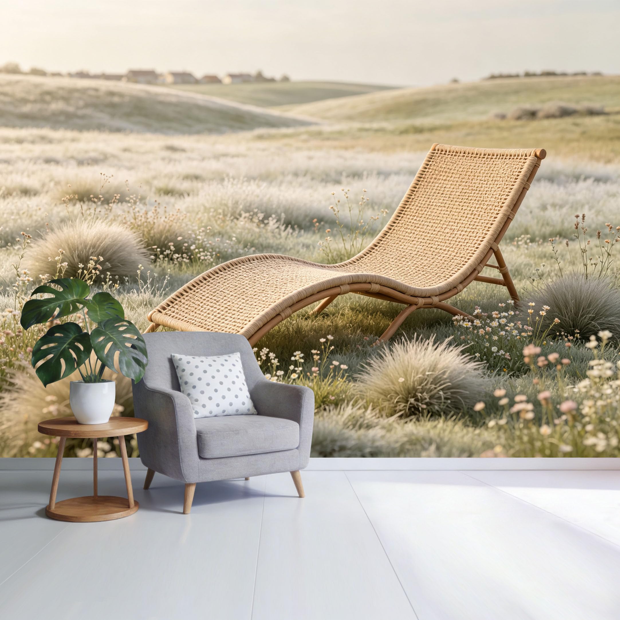 Custom Size Wall Mural Serene Meadow Landscape with Rattan Lounge Chair Morning Light Botanical Style SelfAdhesive Wall Fabric Removable Wallpaper for Home Office Decor
