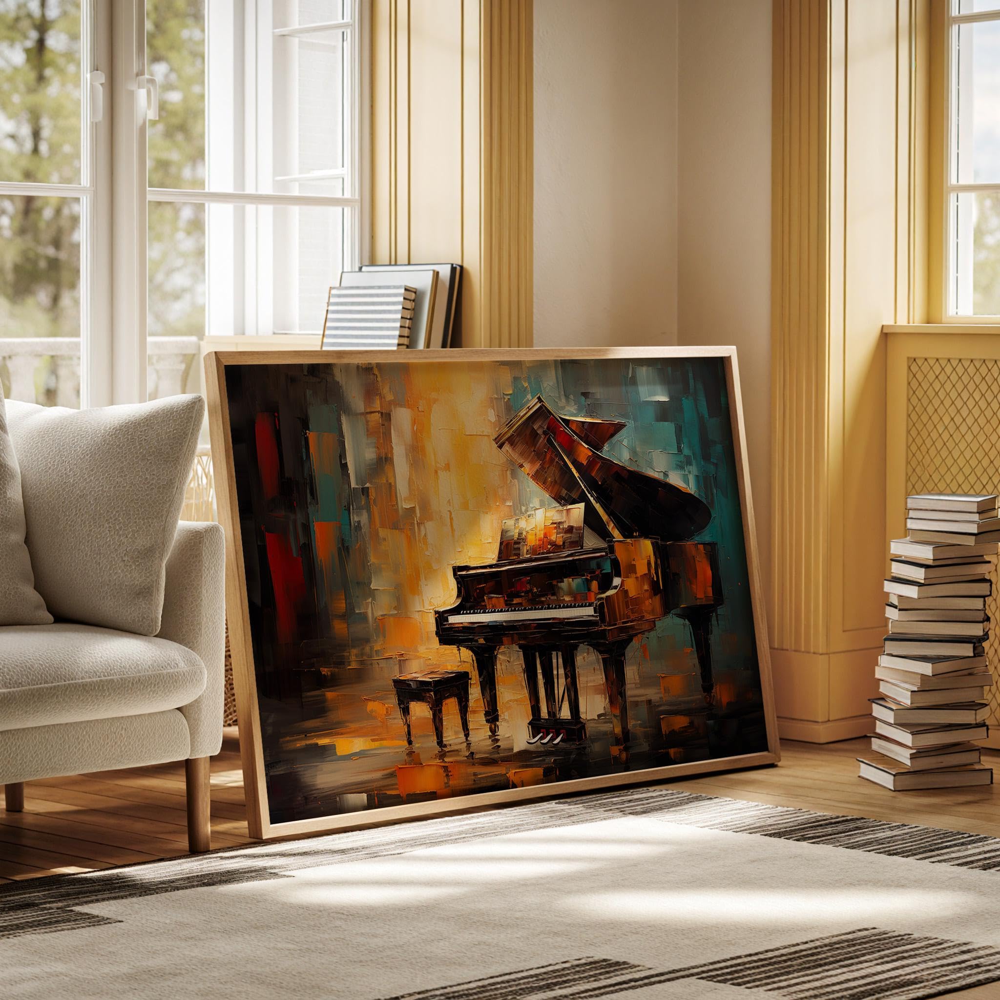 Quadro astratto su tela con pianoforte, arte del pianoforte, per musicisti, opere d'arte per pianisti, arte del pianoforte a coda, immagini, dipinto artistico musicale (40x60 cm/cornice interna)
