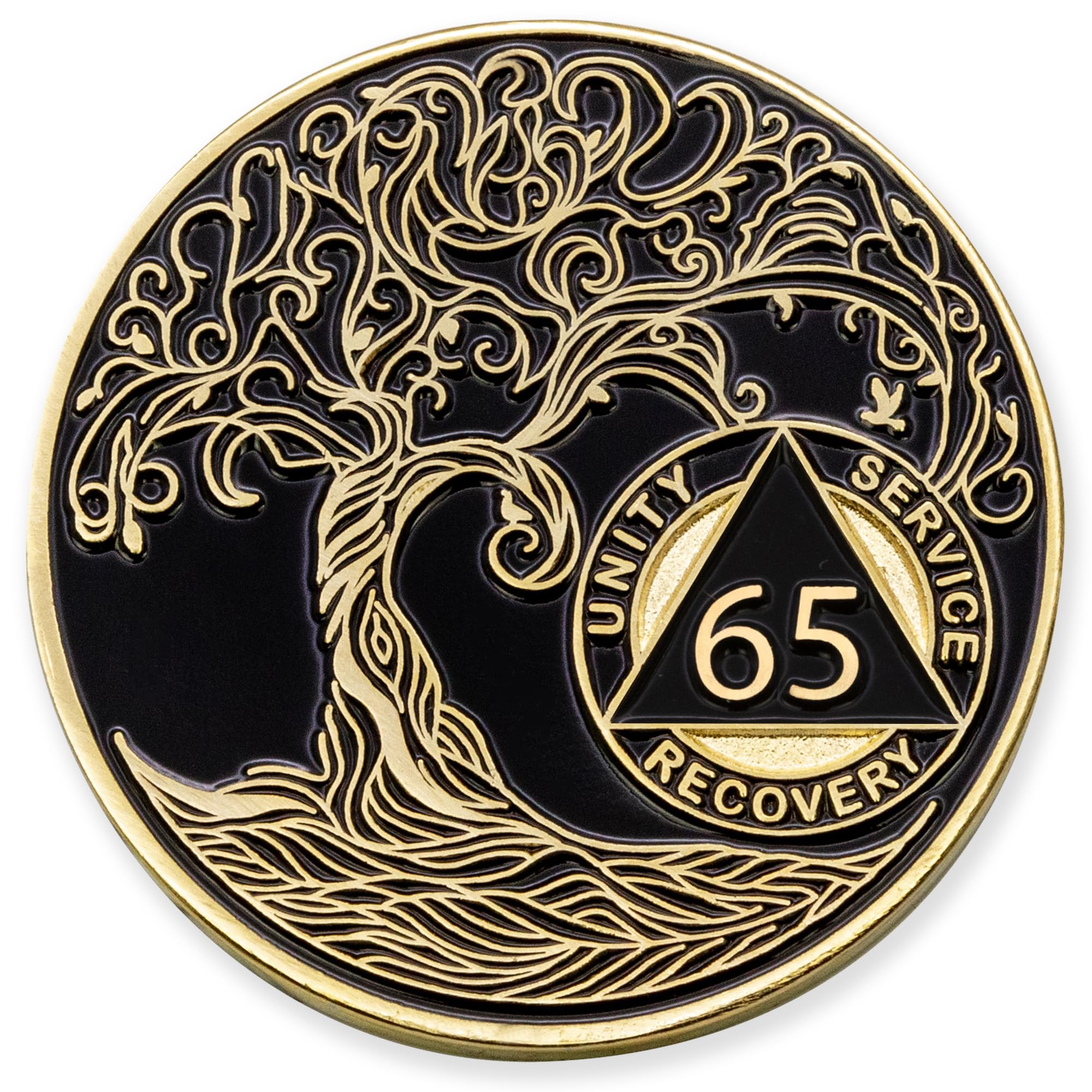 1 to 50 Year Twisted Tree of Life Sobriety Coin - Gold Plated AA Chips &amp; Medallions - 65 Year Sobriety Coin - Black