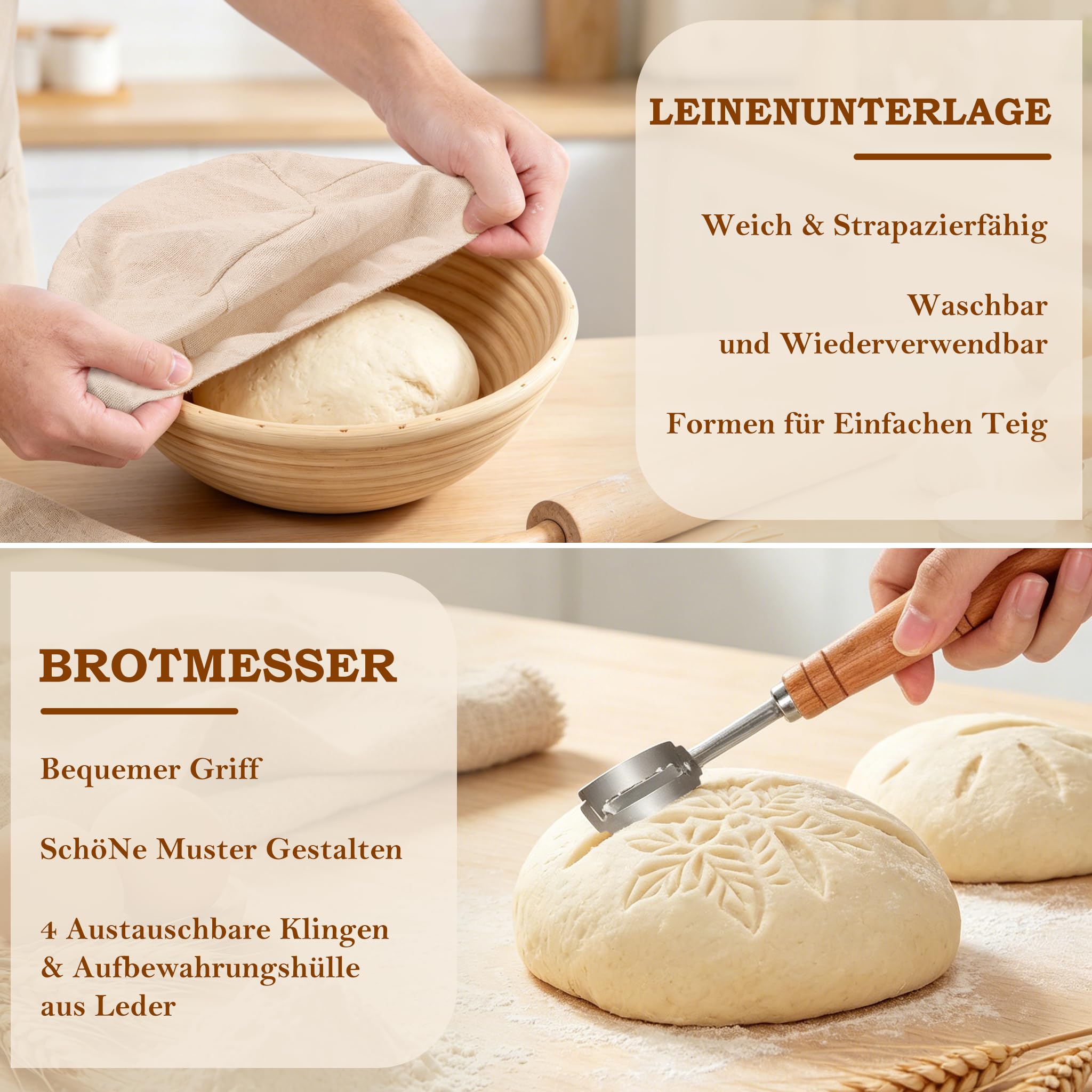 FIVAVA Gärkorb Brot Set, Gärkörbchen Rund 23cm,Brot Backen Zubehör Hochwertiges Rattan Mit Leinenbezug,Teigbesen,Bäckermesser,Teigbesen für Anfänger & Profibäcker,Brotgärkorb,Brotbacken