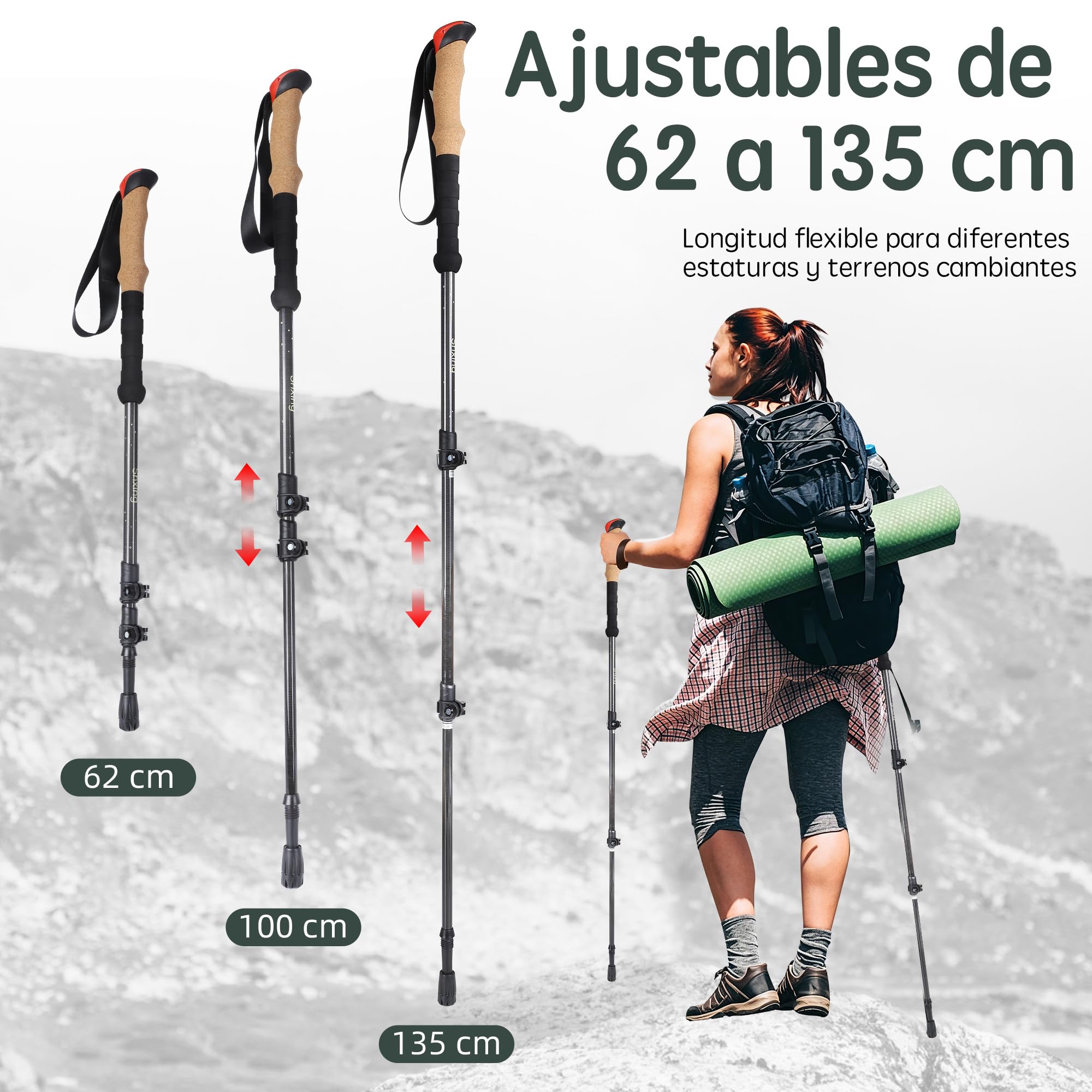 Bastones de Trekking telescópicos 2 Unidades, 200 g Cada uno, 62–135 cm, Carbono, empuñadura de Corcho + EVA, Cierre de Aluminio, para Trekking y Marcha nórdica