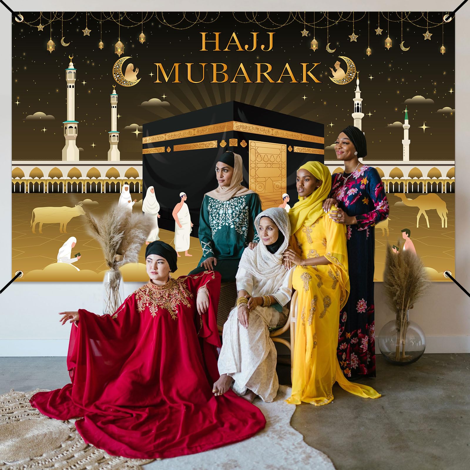 Hajj & Eid Mubarak Banner – Ramadan Dekobanner Mit Flaggen-Girlande Für Fenster, Wand Oder Kamin