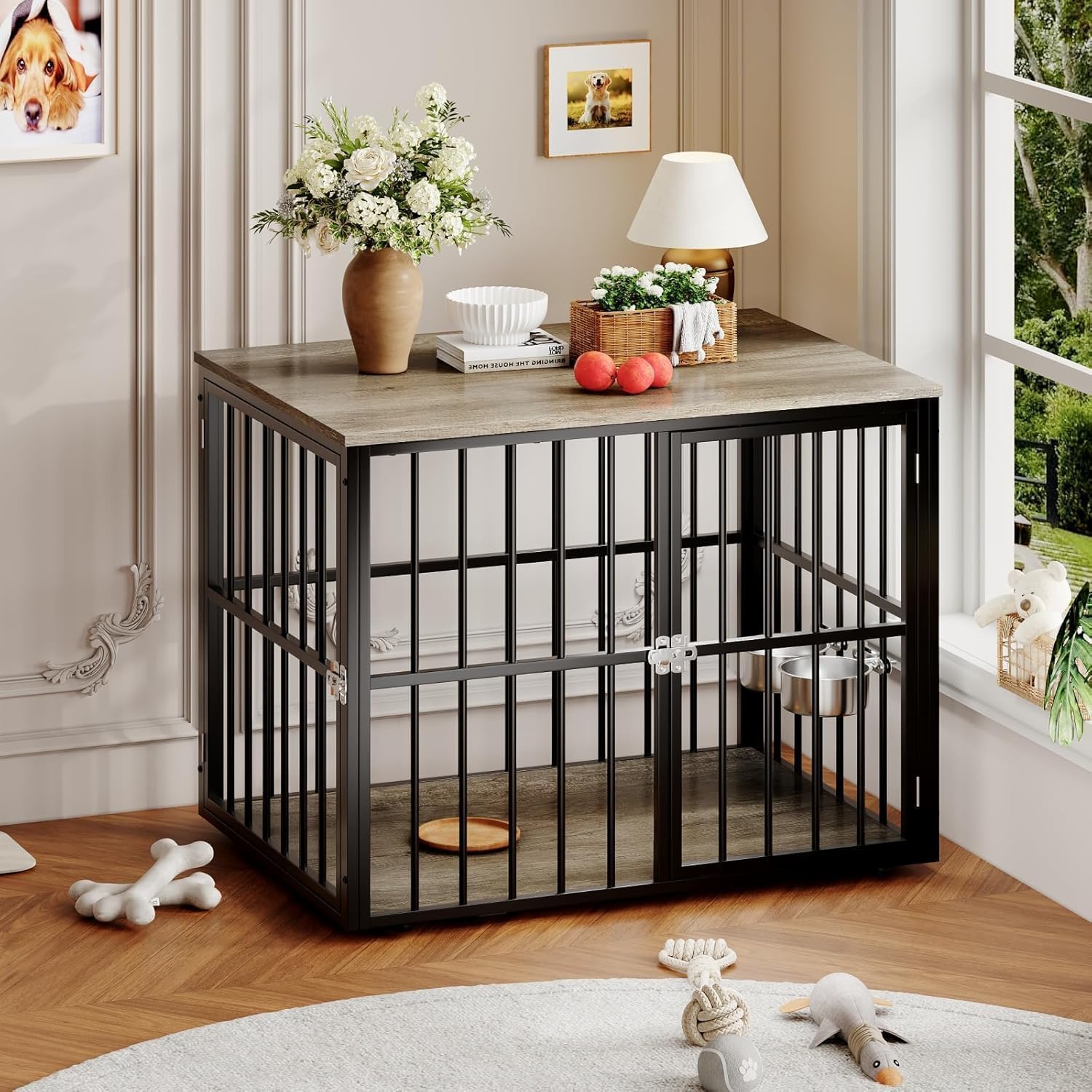 43" Dog Crate Furniture, Wooden Dog Crates with Double Doors and Lockable Kennel, Heavy Duty Indoor Pet House Side End Table for Medium and Large Dogs