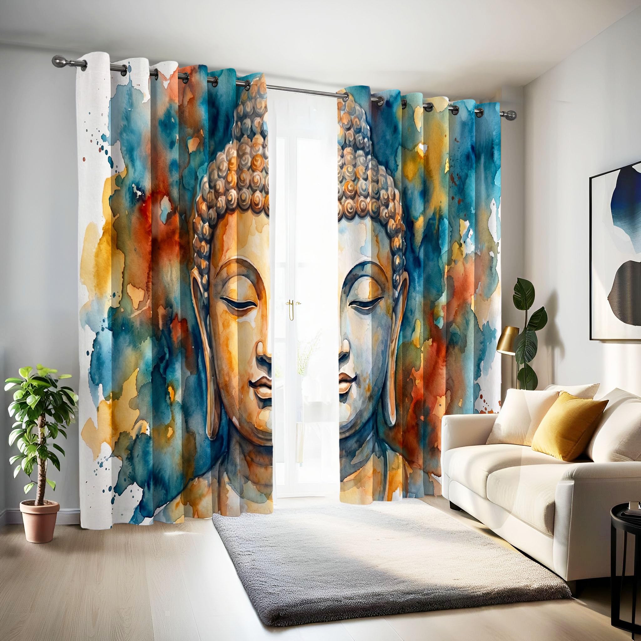 Tende oscuranti al 95% con Arte astratta per soggiorno | 160 cm di lunghezza, pannelli con Statua Buddha realizzata con acquerello e inchiostro. per camera da letto, tende isolate termicamente