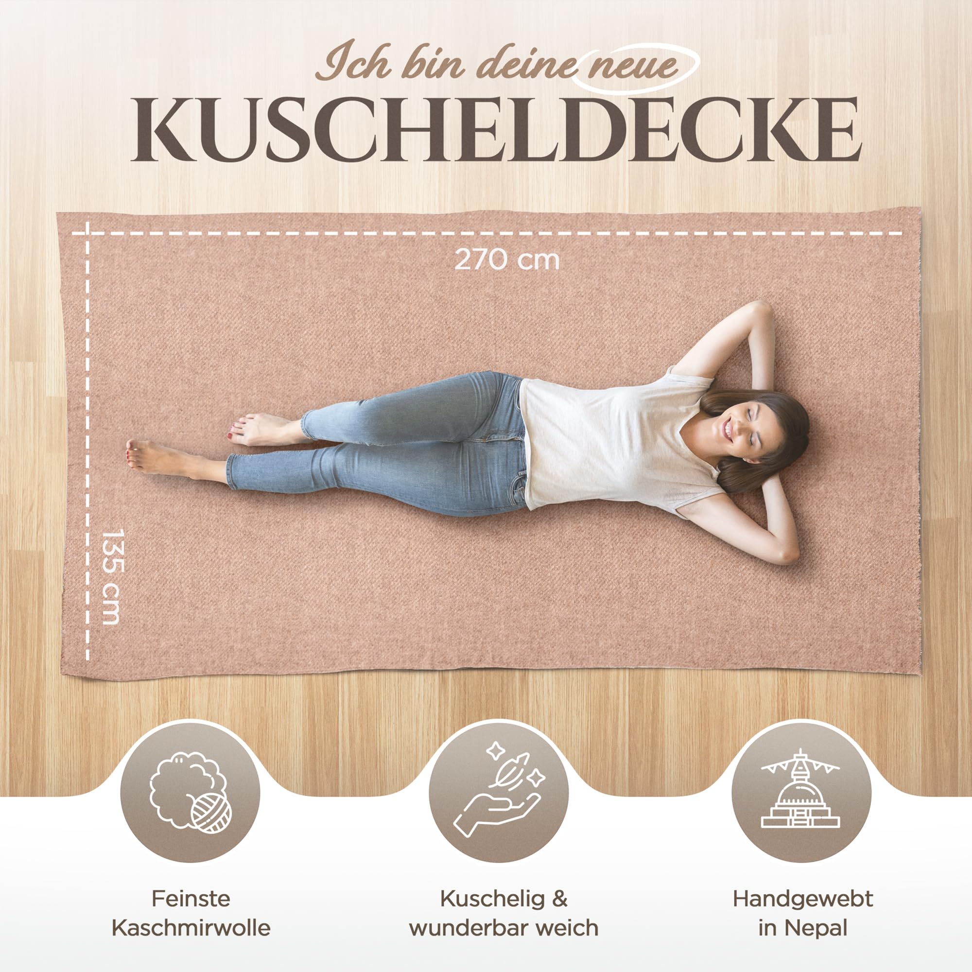Kaschmirdecke – Handgewebte Sofaüberwurf Decke aus 100% Kaschmirwolle – 135 x 270 cm Weiche und gemütliche Braune Kuscheldecke für Couch und Stuhl – Hergestellt in Nepal