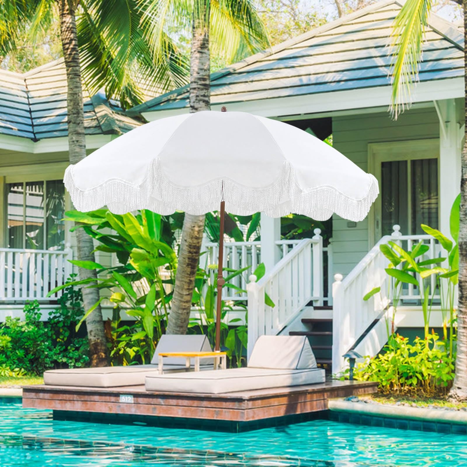 Blanco Sombrilla Playa 200 Cm Parasol Jardín Exterior Grande con Flecos Sombrillas Terraza Protección UV50+ Sombrilla Jardín Inclinable Portátil Boho Beach Umbrella For Sand Impermeable