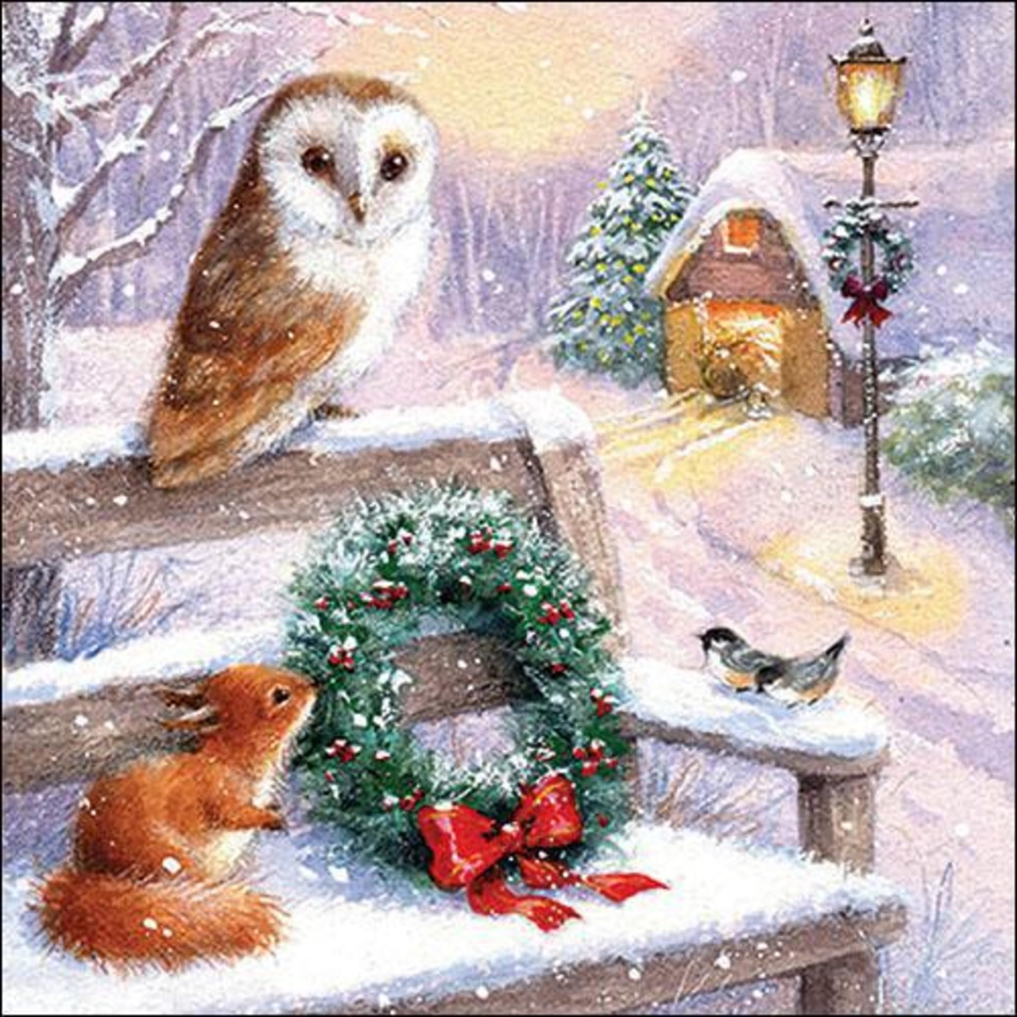 Set of 2 Individual Decoupage Paper Party Napkin Christmas Animals Gather Watercolor Decor Luncheon Napkins for a Birthday Holiday, Wedding, Cocktail Party