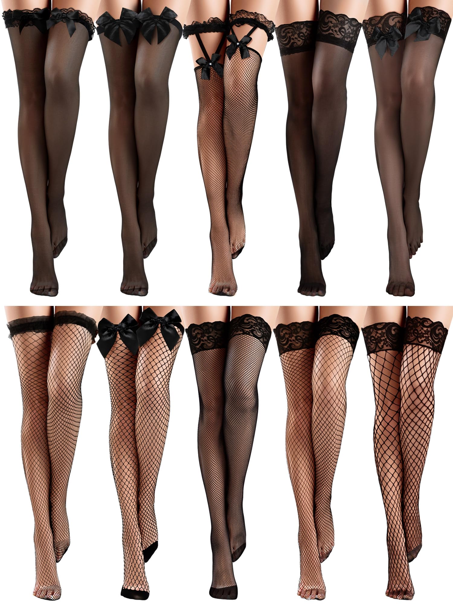 10 Pairs Silk Fishnet Thigh High Stockings Women Lace Top Sheer over Knee Stocking for Halloween