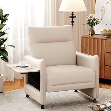 Andeworld Modern Accent Chair, PU Leather Upholstered Armchair Side Chair with Foldable Side Table and Pocket for Bedroom Living Room Chairs Office Chair,Beige