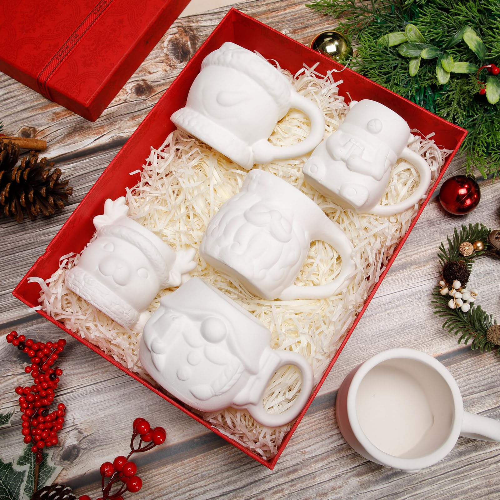 Vesici Set mit 6 Keramik-Weihnachtsbechern, Bastelset, DIY, Keramik, Gipsbecher für Erwachsene, Kinder, Klassenzimmer, Kunstprojekt, Weihnachtsgeschenke, Party-Dekoration, Farbe und Pinsel im