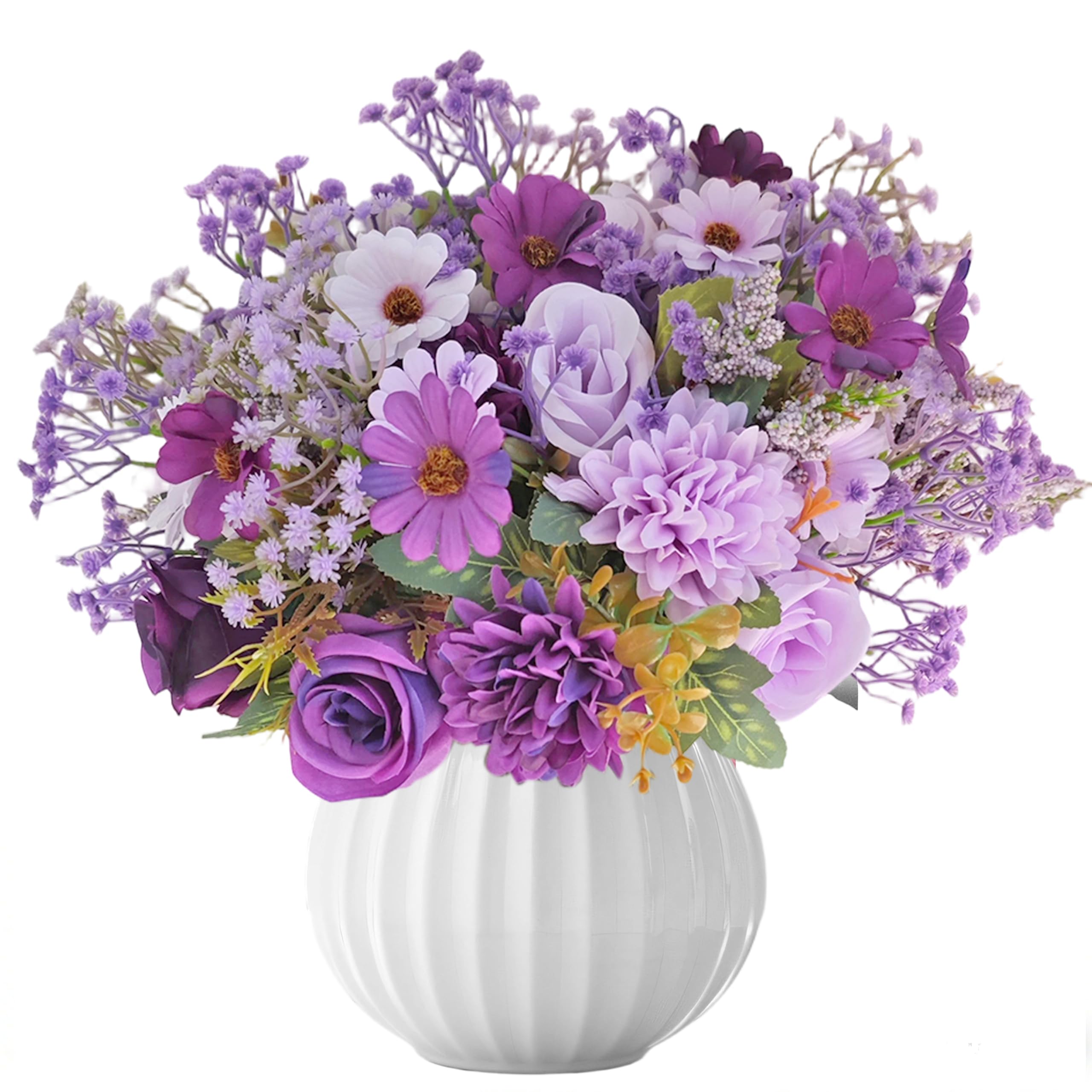 22Pcs Artificial Flowers Purple 2 Bundles Fake Rose Bouquet and 20 Baby Breath Plastic flowers,Faux Rose Hydrangea Daisy Silk Flowers for Wedding Home Party Table Arrangement indoor plant Deco