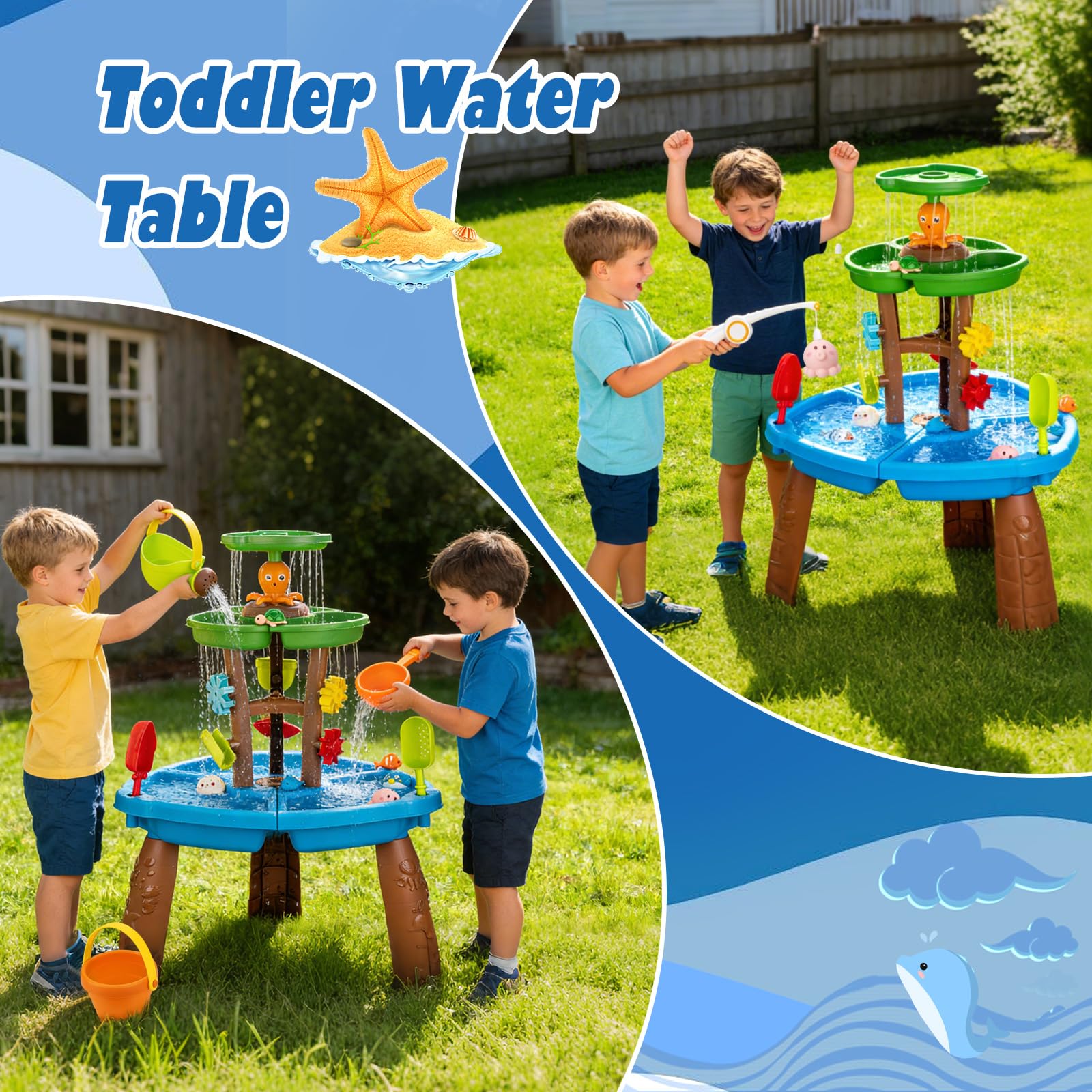 VROGTIK Wassertisch für Kinder, Mehrstöckiger Sand- und Wassertisch mit Angelspiel & Meerestier-Zubehör, Wasserspieltisch für Kleinkinder 3-12 Jahre, Outdoor Wasserspielzeug für Garten Terrasse