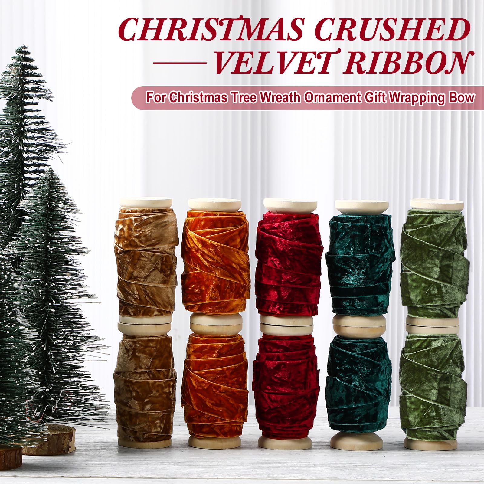 Chuangdi 4 Rollen 20 Meter Knautschsamtband Weihnachten Vintage Holzspule Samtband für Weihnachtsbaum Ornament Geschenkverpackung Schleife Kranz Blumenstrauß Handwerk Dekoration (Burgunderrot, 2,5 cm)