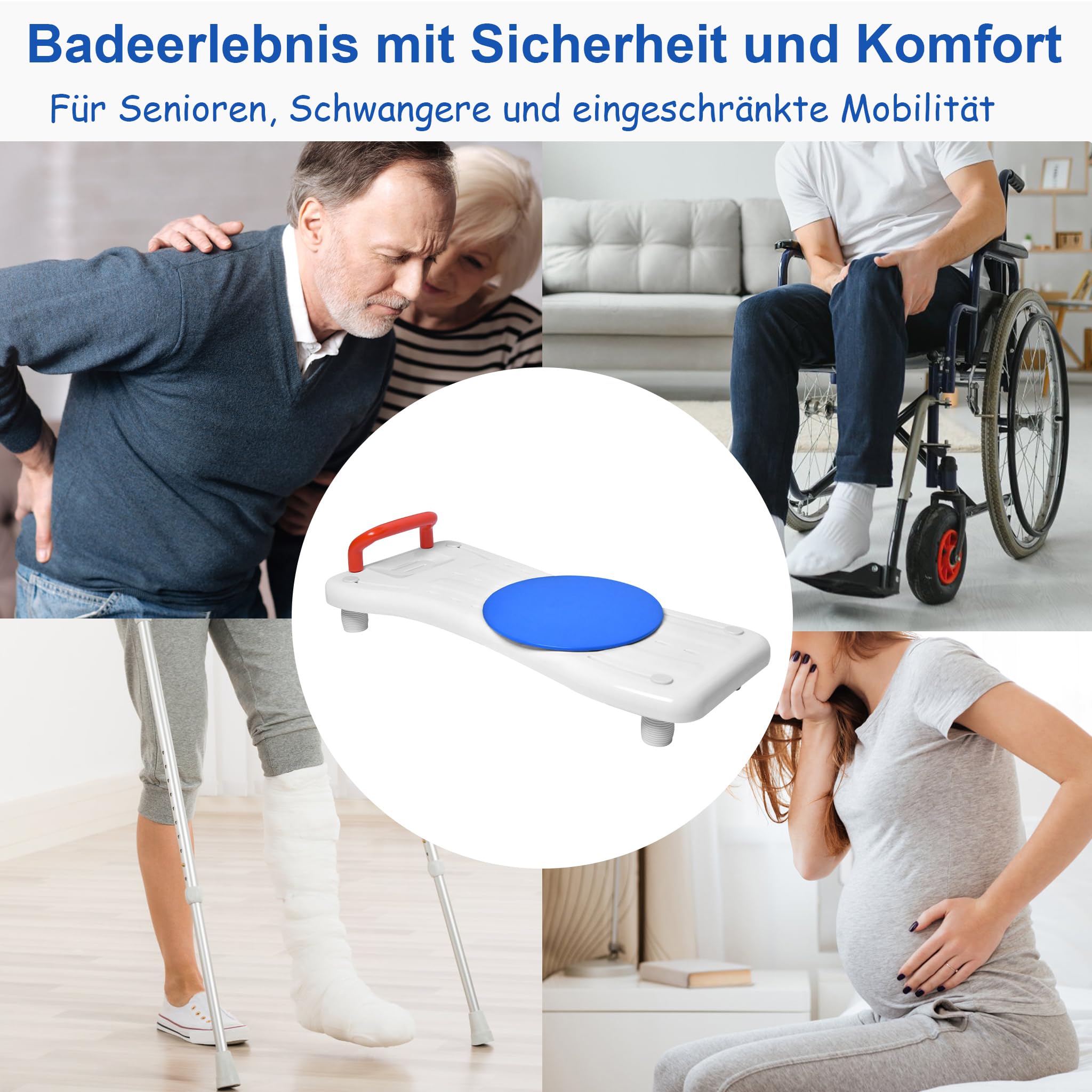 75,5x34cm Badewannenbrett mit Drehscheibe Badewannensitz für Senioren Einstellbar 41-63cm Wannensitz Sitzbrett Wannenbrett für Badewanne Duschbrett Stuhl für Badezimmer -Rot Griff