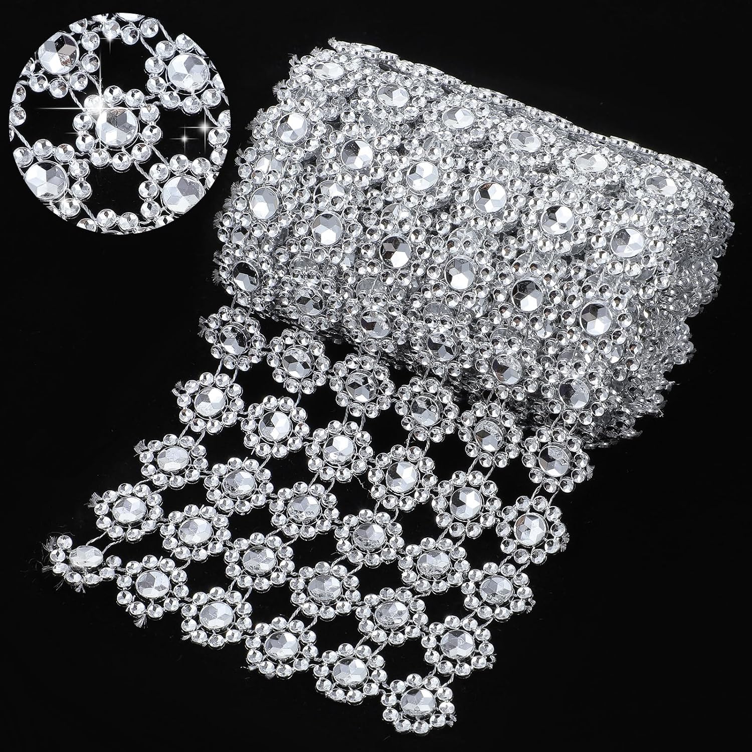 2 Yards 6 Rows Rhinestone Mesh Fabric, Diamond Roll, Silver
