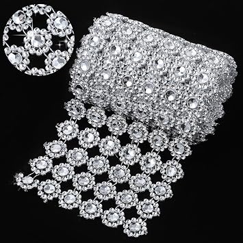 2 Yards 6 Rows Rhinestone Mesh Fabric, Diamond Roll, Silver Bling Rhinestone Roll Diamond Flower Shape Mesh Ribbon, Rhinestones for Crafting, DIY, Wedding, Birthday, Party Decorations