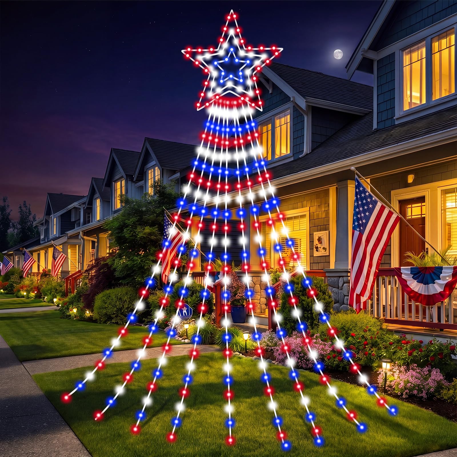 Huquary Guirnalda de luces de cascada de estrella del 4 de julio de 12 pies, decoración del Día de la Independencia, rojo, blanco, azul, para exteriores, con 8 modos iluminados para fiesta patriótica