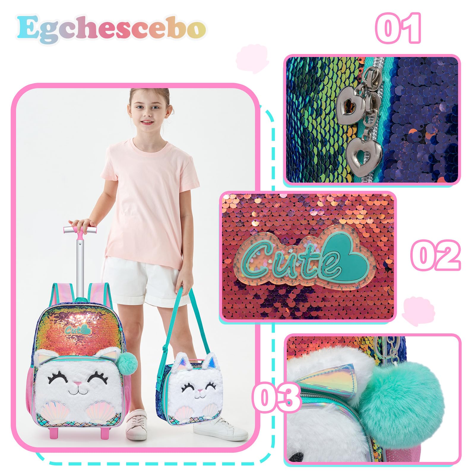 Mochilas Escolares con Gatos Ruedas Carro Niña 17" 3PCS Mochila Carrito para Trolley Escolar Bolso Viaje Estuche Stitch Mujer Maleta Colegio Grande Medianas Infantil Niñas Peluche Champán