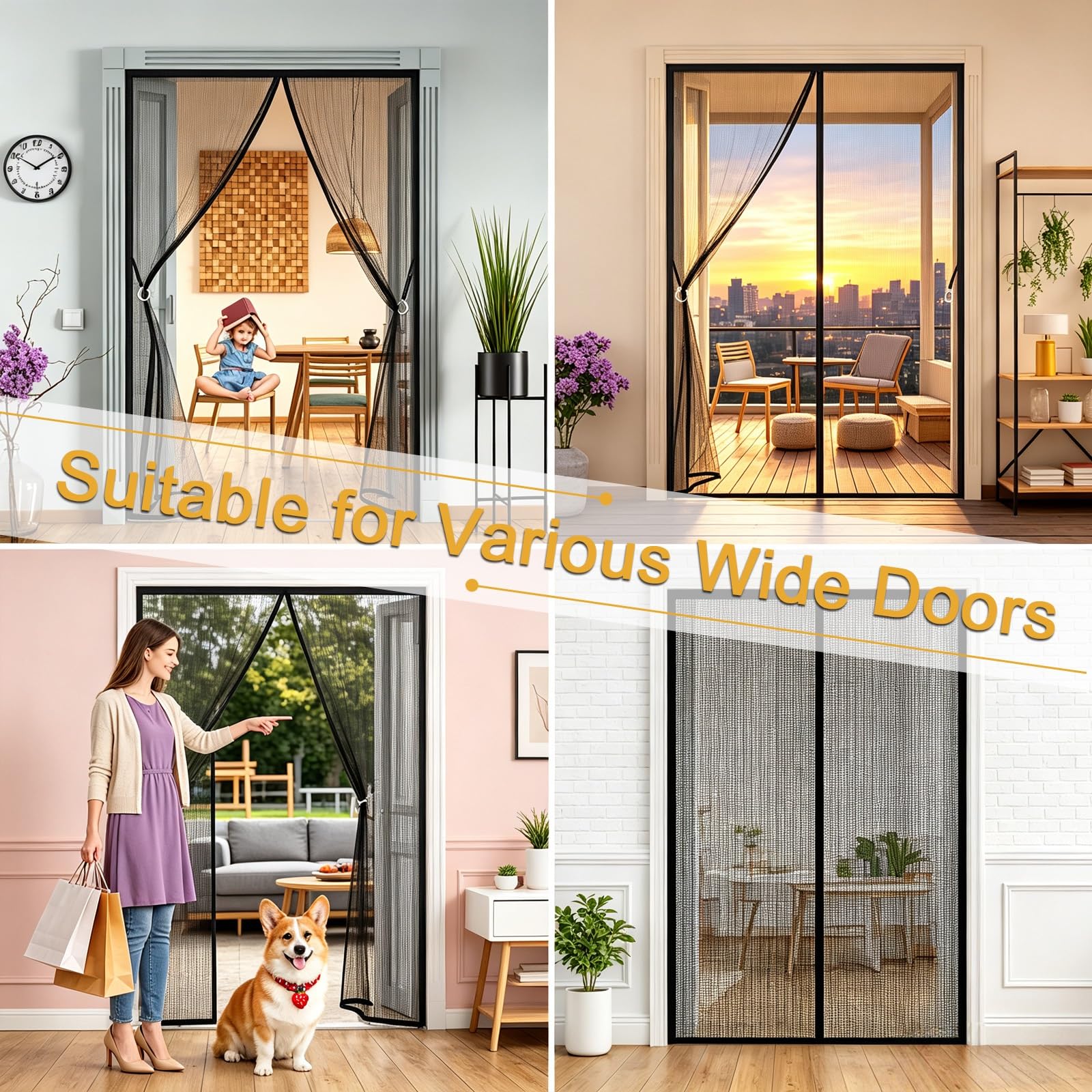 Mosquitera Magnética para Puerta 147 x 210 cm Adsorción Magnética Plegable Fácil de Instalar Mosquitera Puerta a Prueba de Gatos para Puertas de Salón Balcón Corredor, Negro