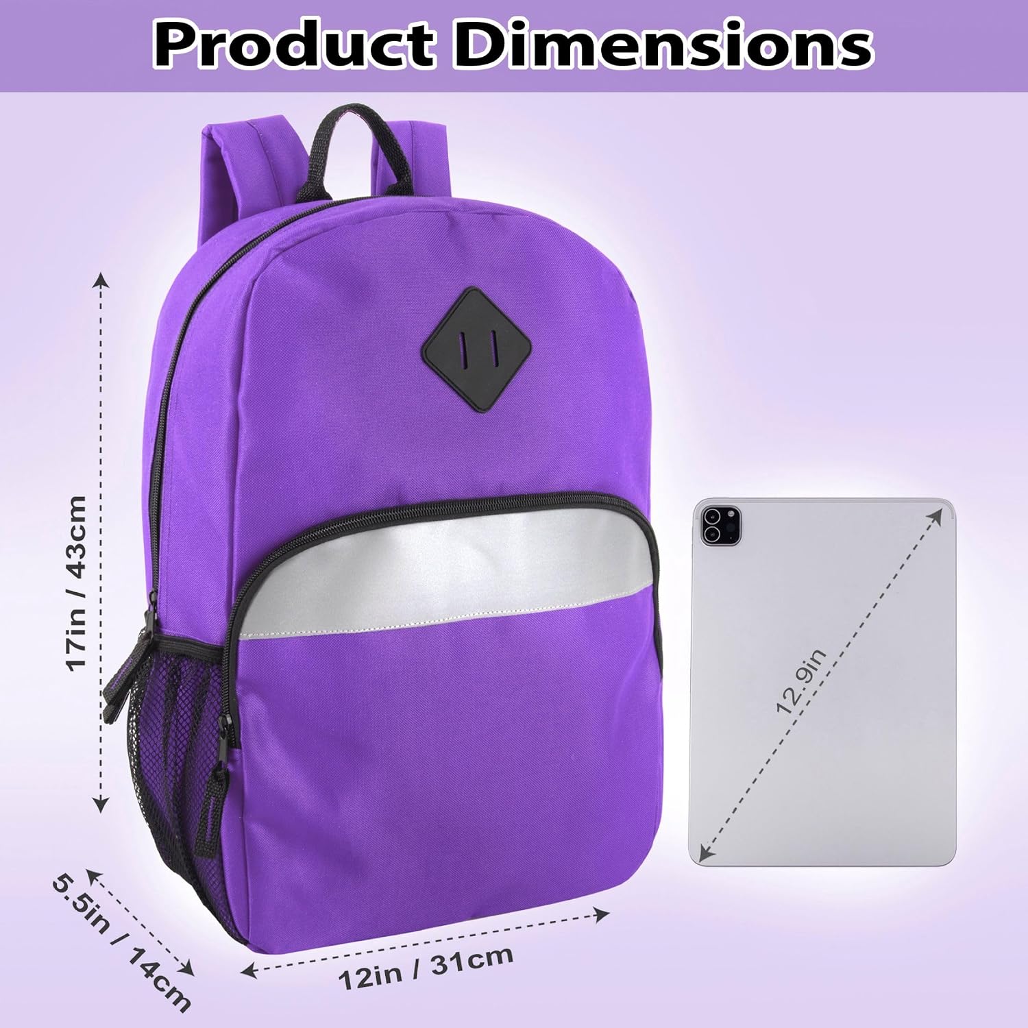 Trail maker 17" Backpack – Reflective School Backpack with Padded Straps, Water Bottle Pockets for Kids & Adults, School Travel Camp (Purple)