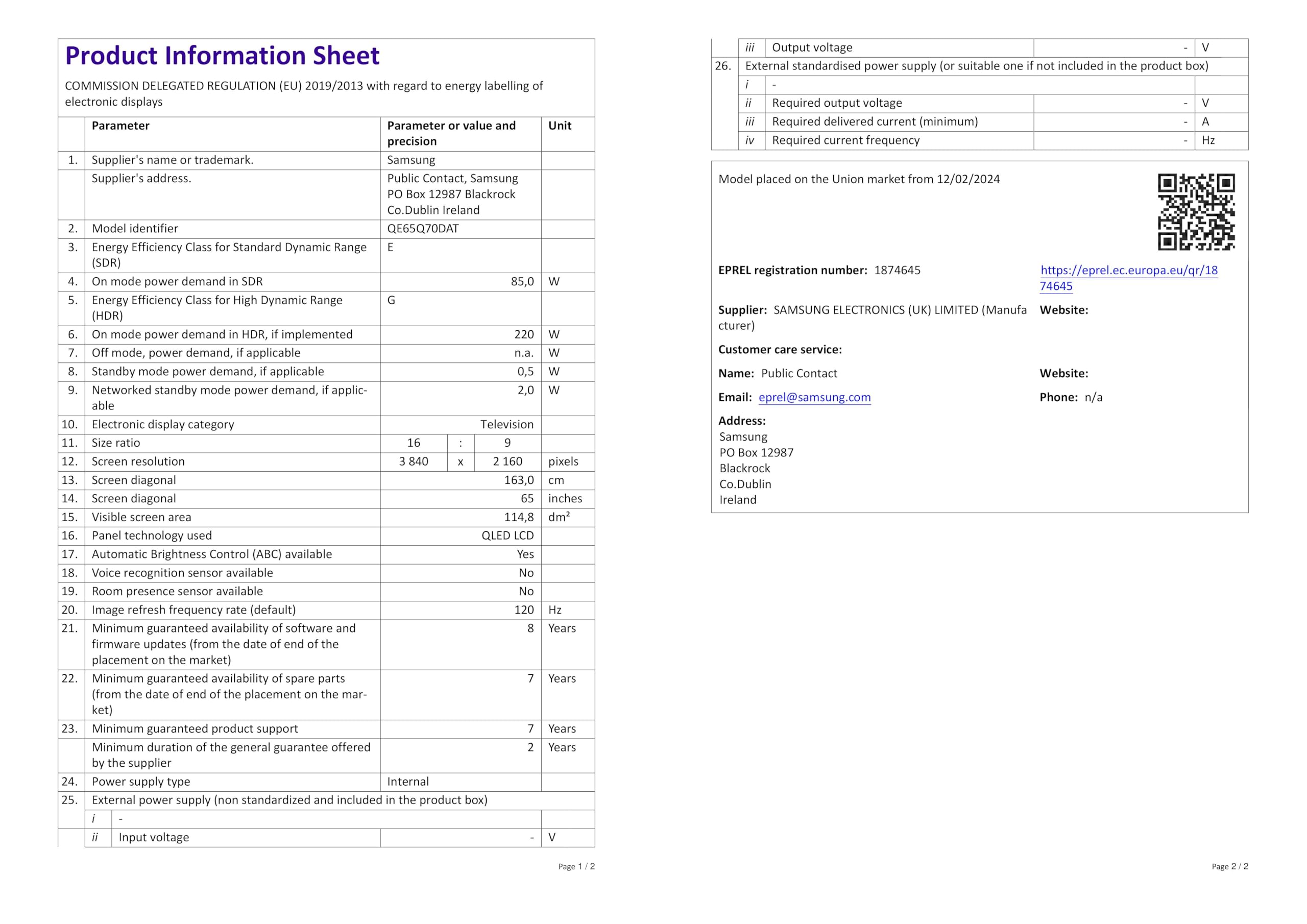 Samsung 65" QN95D Neo QLED 4K, Infinity One Design, Dolby Atmos
