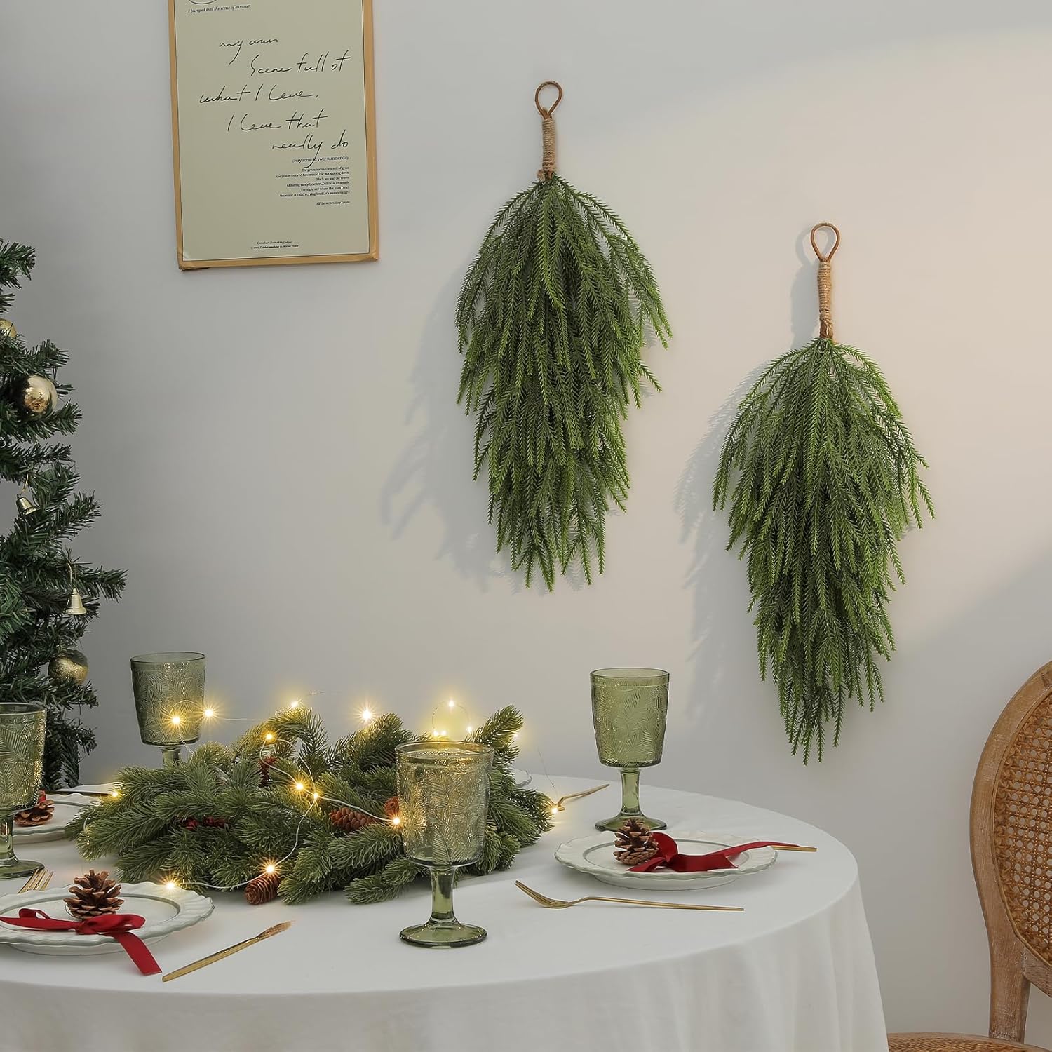 dallisten 2 Pack 25" Artificial Christmas Teardrop Swag – Faux Pine Needle Christmas Norfolk Hanging Greenery for Front Door, Wall, Mantel, Fireplace, Xmas Door – Indoor/Outdoor Holiday Decoration