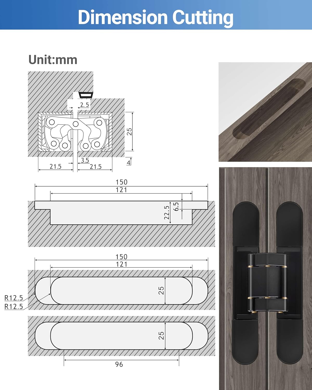 Upgraded Invisible Door Hinges (4 pcs) -6 Inch Black Hidden Hinges for Doors, 3 Way Adjustable & 180 Deg Swing & Copper Support Invisible Hinge, Heavy-Duty Concealed Door Hinges 88Lbs Load-Bearing