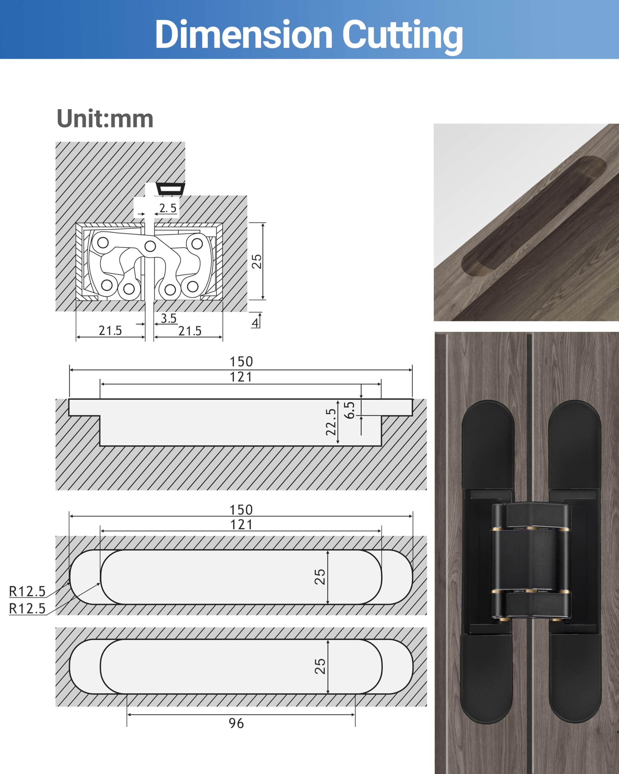 Bisagras invisibles, bisagra oculta para puerta, aleación de zinc resistente de 6 pulgadas, bisagra ajustable de 3 vías, bisagra oculta de giro de 180 grados, soporte de estructura de cobre mejorado,